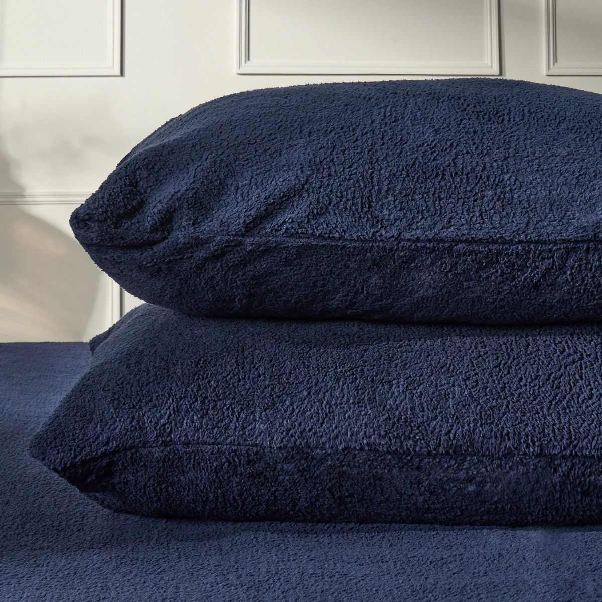 OHS 2 Pack Thermal Teddy Fleece Pillowcase Cover in Dark Navy