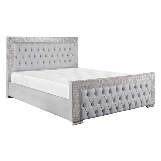 Lampasas Faux Leather Glitter Small Double Bed In Silver