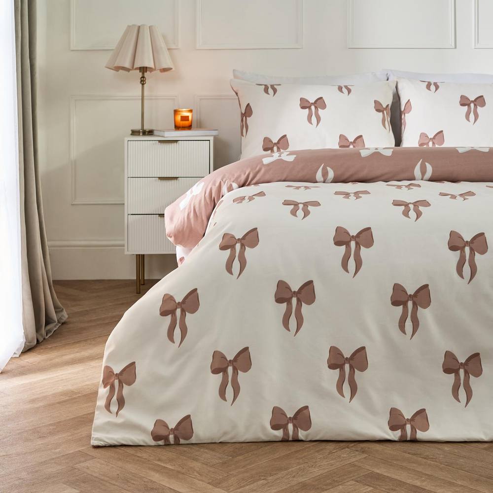 OHS Bows Microfibre Reversible Bedding Set Duvet Cover with Pillowcase in Taupe