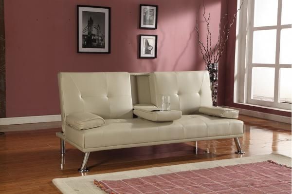 Comfy Living Ltd Faux Leather Italian Style Luxury Sofa Bed with Drink Cup Holder in Cream