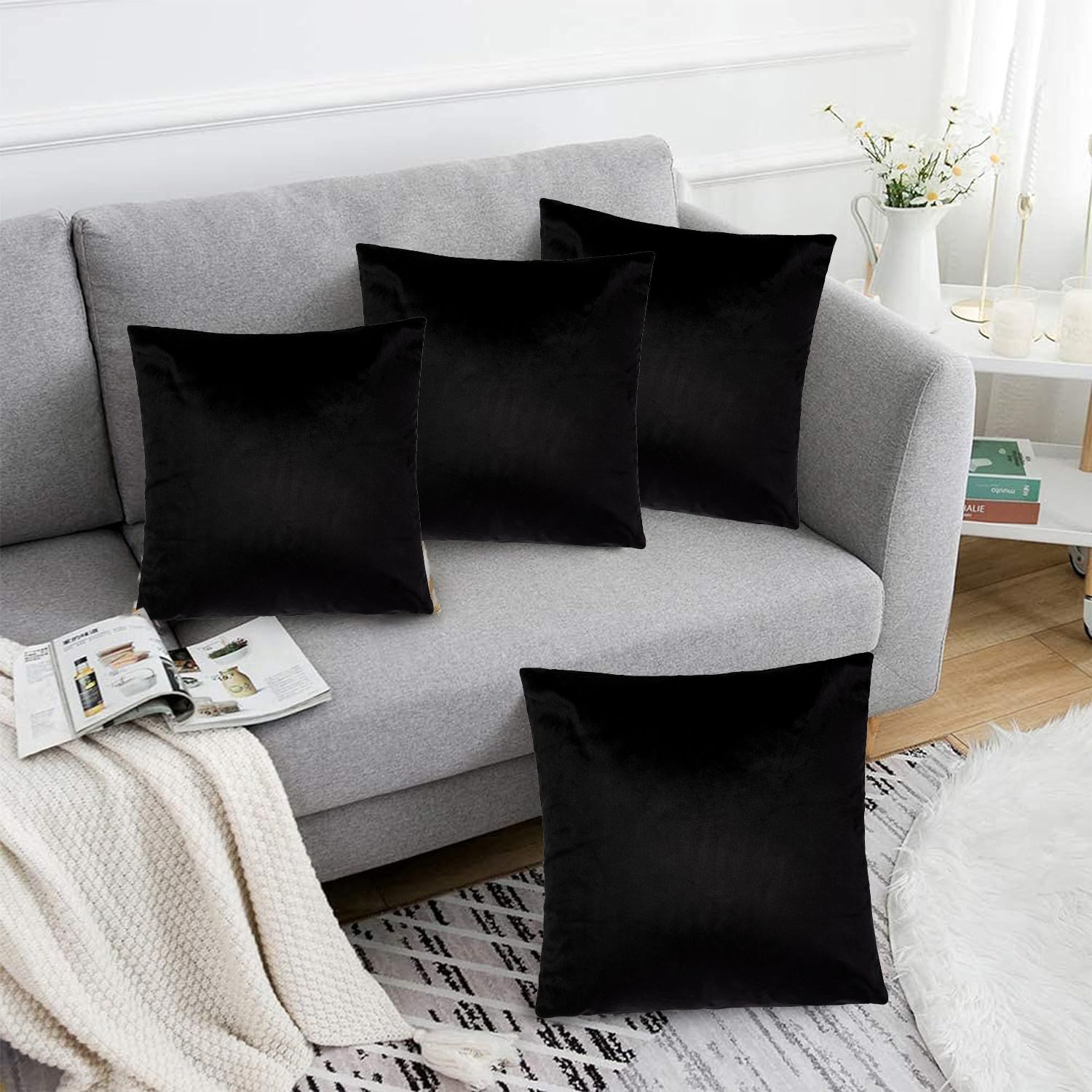 Luxury Living Luxurious Velvet Cushions Set of 4 - Soft Plush Fibre Pads, Vibrant Colours for Sofa & Bed Décor in Black