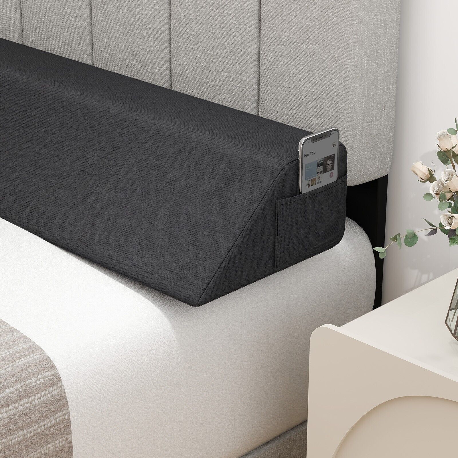 Gymax Full Size Wedge Pillow Bolster Gap Filler Trapezoidal With Side Pocket in Grey