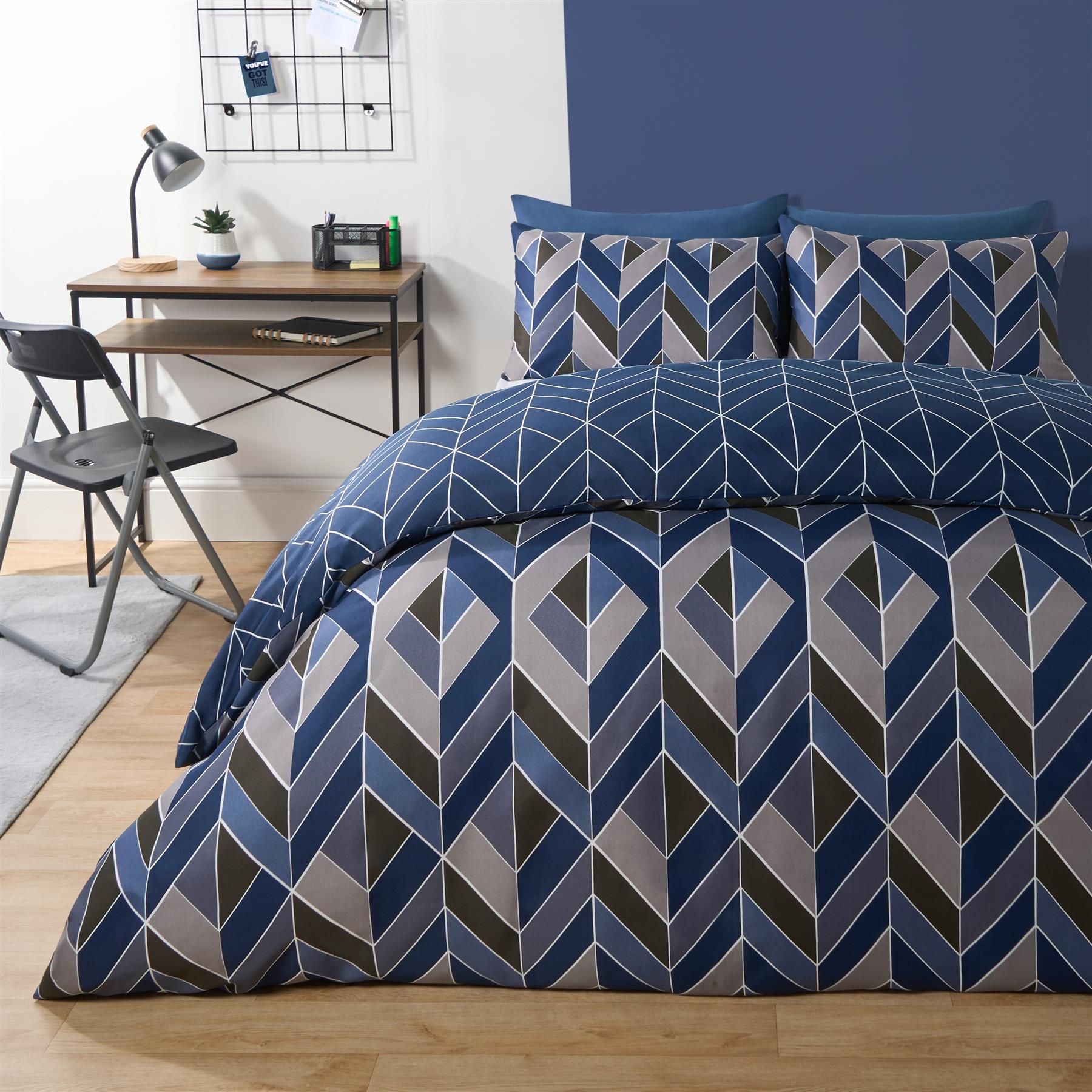 OHS Geo Duvet Cover Bedding Set Pillowcase Reversible Quilt Soft Chevron in Dark Navy