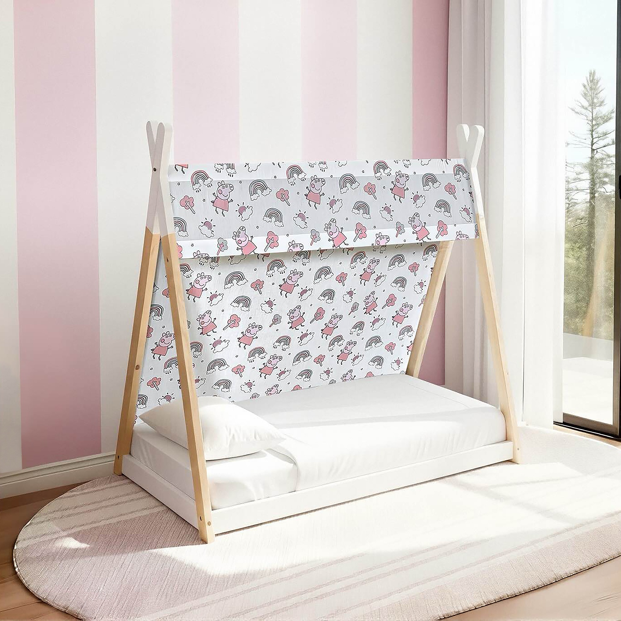 Peppa Pig - Toddler - Tent Bed with Peppa Pig Fabric Sheet - White/Oak - Fabric/Oak