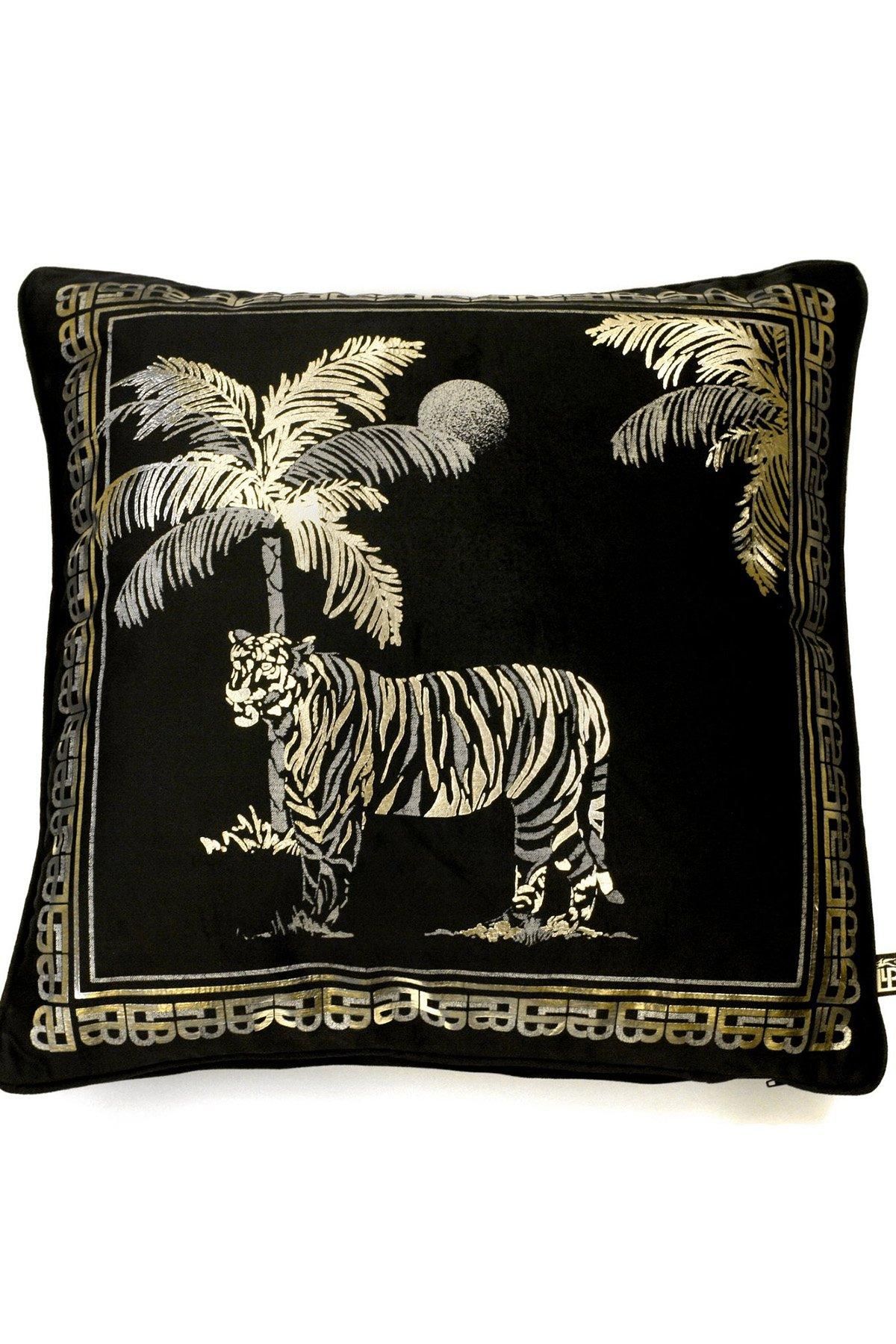 Laurence Llewelyn-Bowen 'Tiger Tiger' Opulent Foil Printed Luxury Velvet Filled Cushion in Black