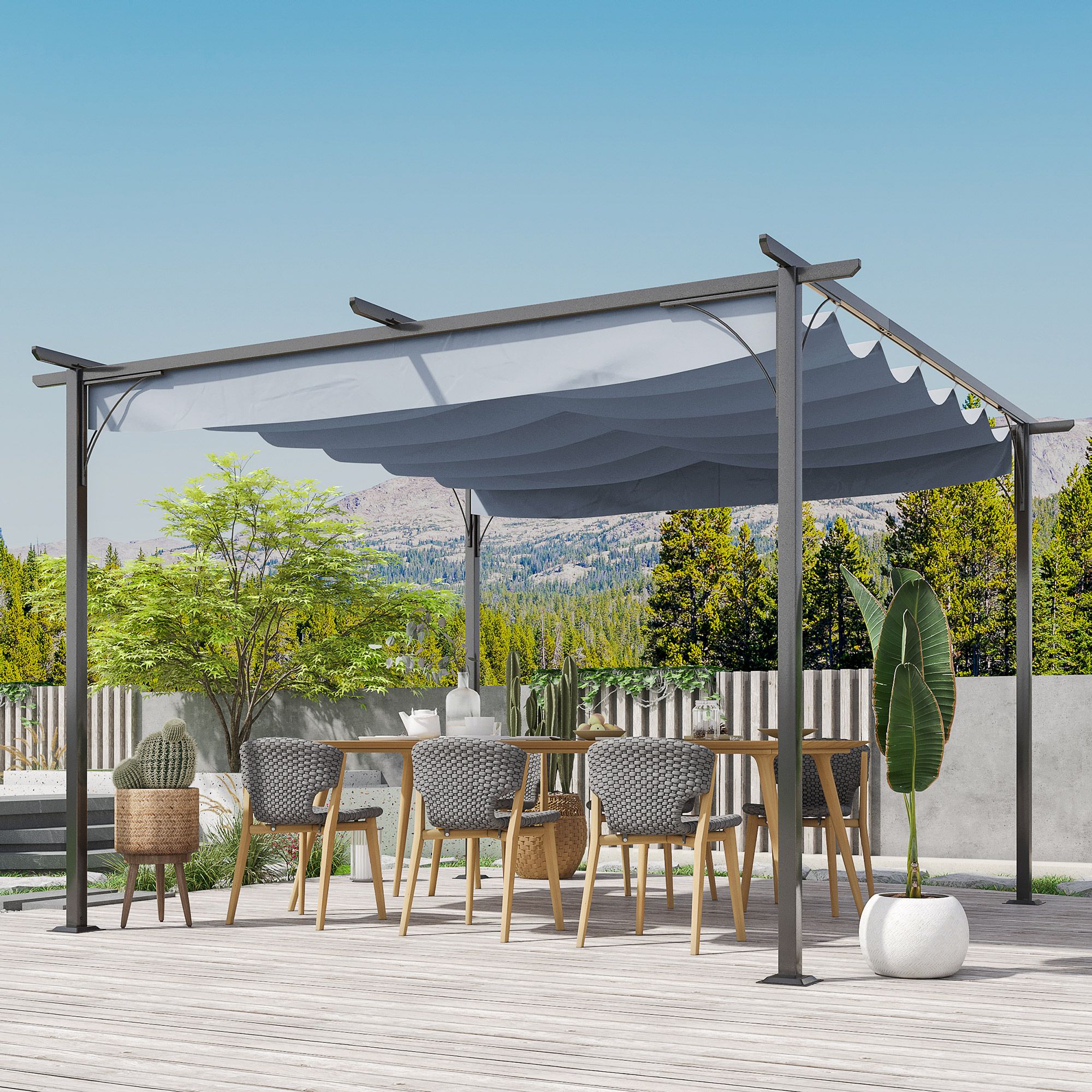 OUTSUNNY 3.5 x 3.5M Steel Pergola Gazebo Backyard Porch Awning Retractable Canopy in Grey