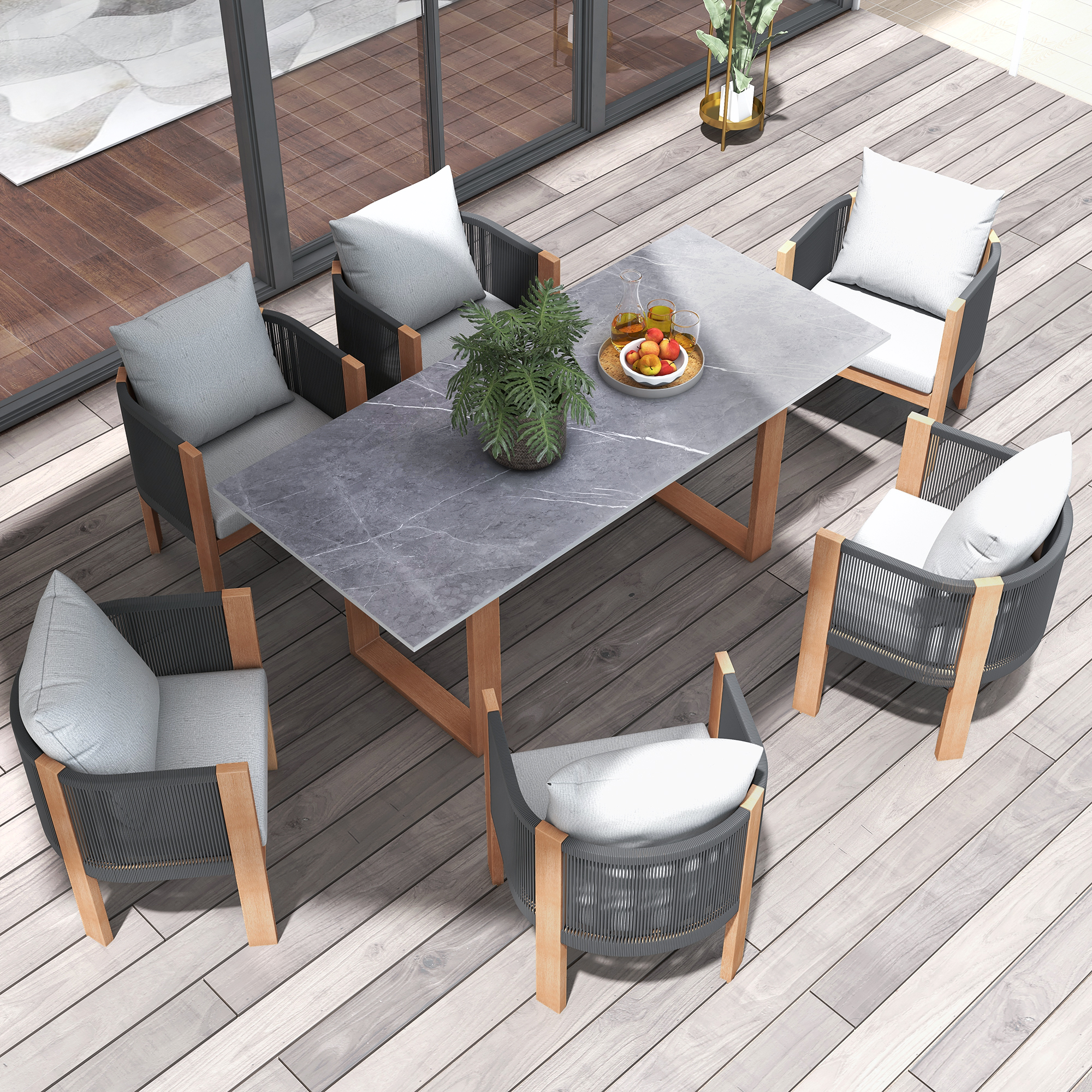 7 PCS 70.9" Faux Marble Outdoor Dining Table Set with Woven Rope Chairs in Gray for 6 Person Patio & Yard Large Marble Outdoor Dining Table with Chair