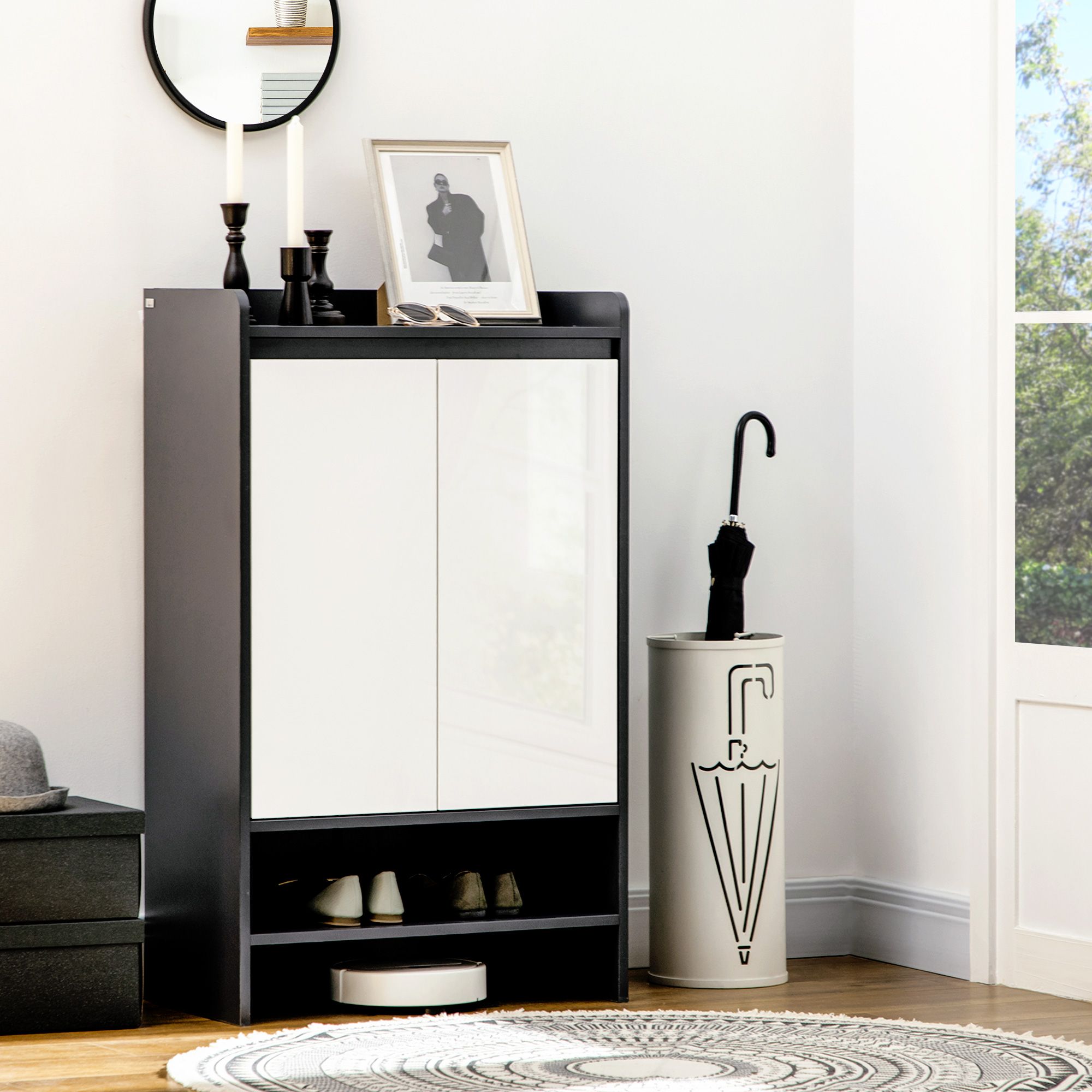 HOMCOM Modern Storage Cabinet with High Gloss White Doors for 15 Pairs of Shoes in Grey