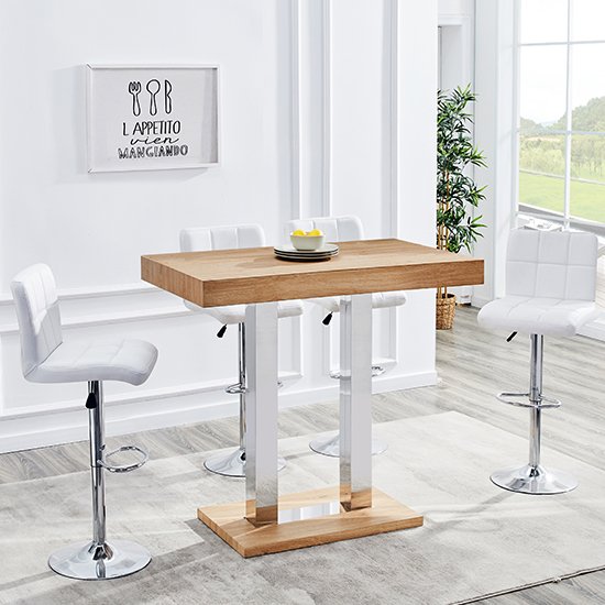 Caprice Wooden Bar Table In Oak With 4 Coco White Stools