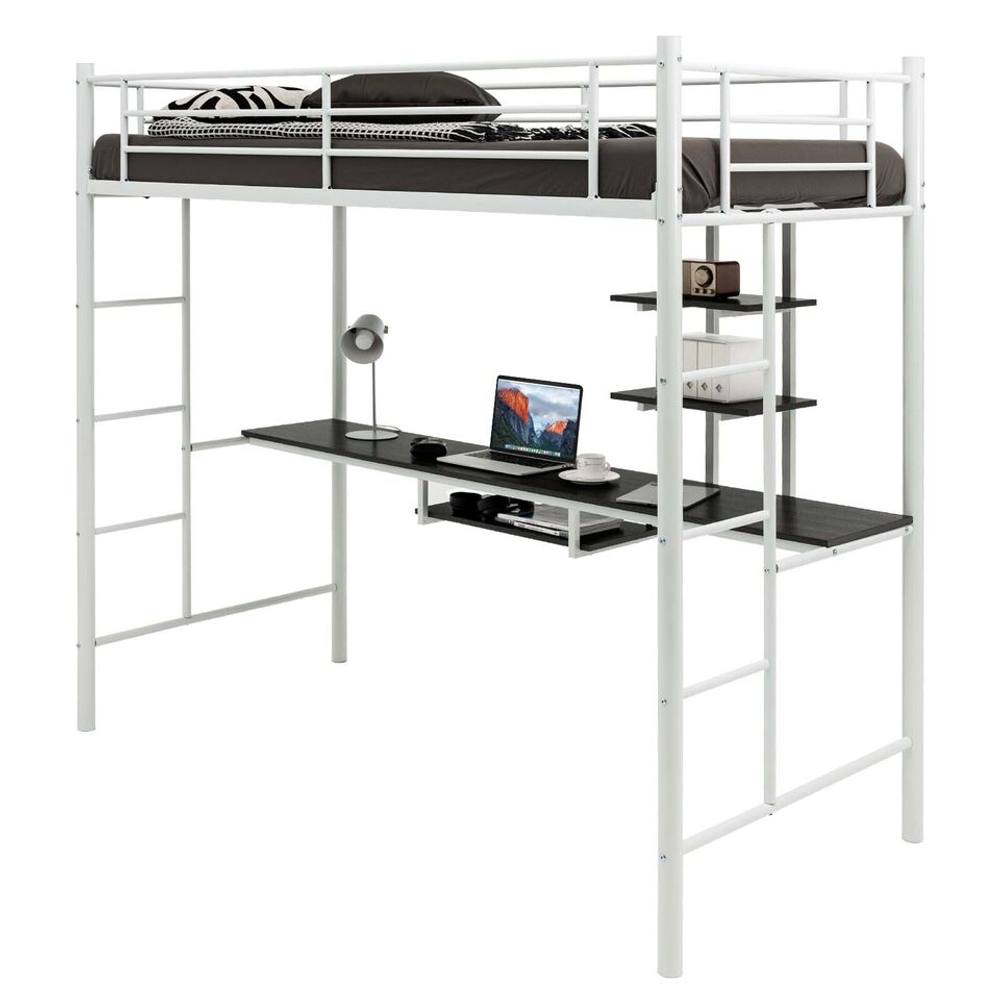 Costway 3.5FT Single Metal Loft Bed Frame High Sleeper Bunk Bed W/ Desk Storage Shelves in White