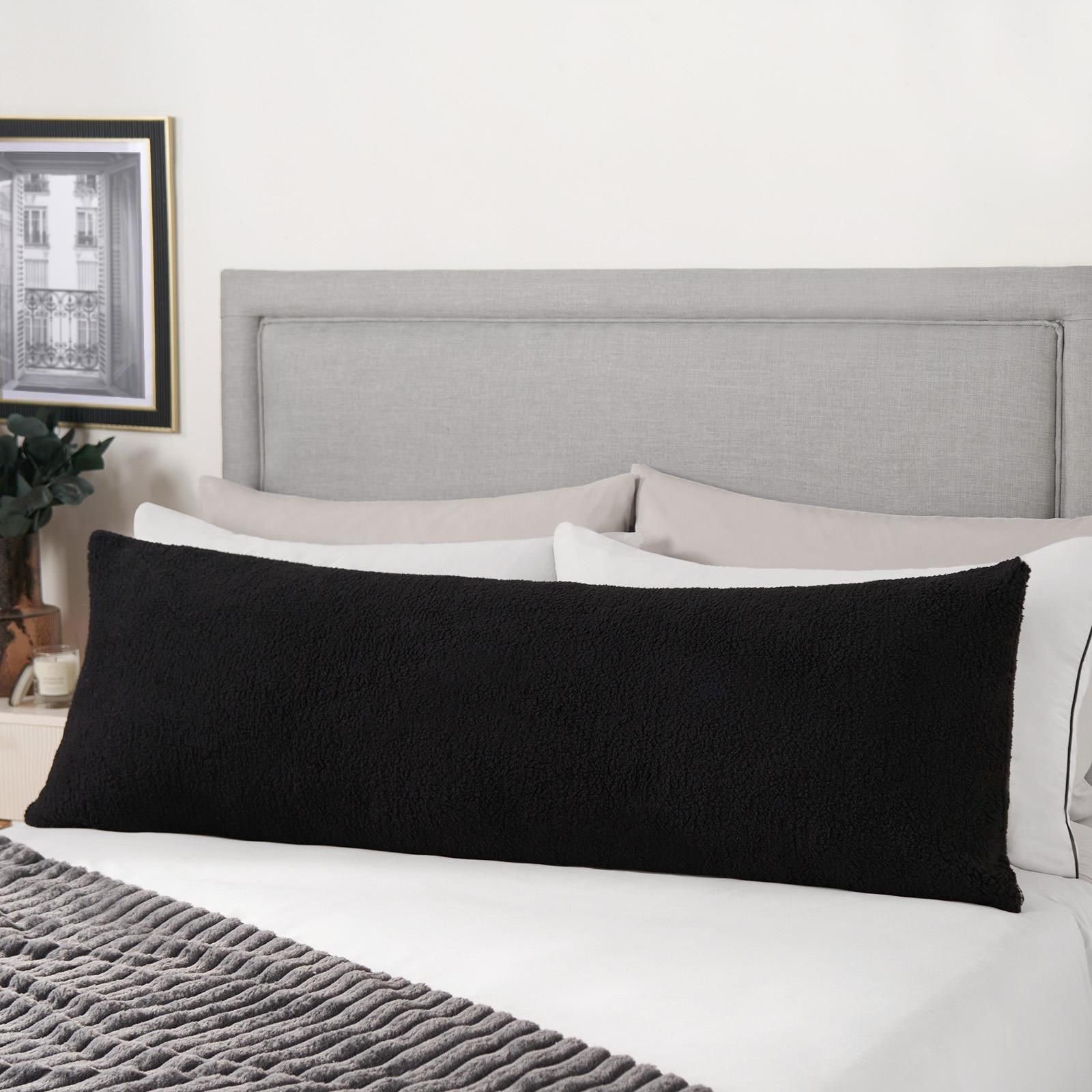 OHS Long Bolster Pillow Teddy Fleece Body Neck Pregnancy Support Cushion in Black