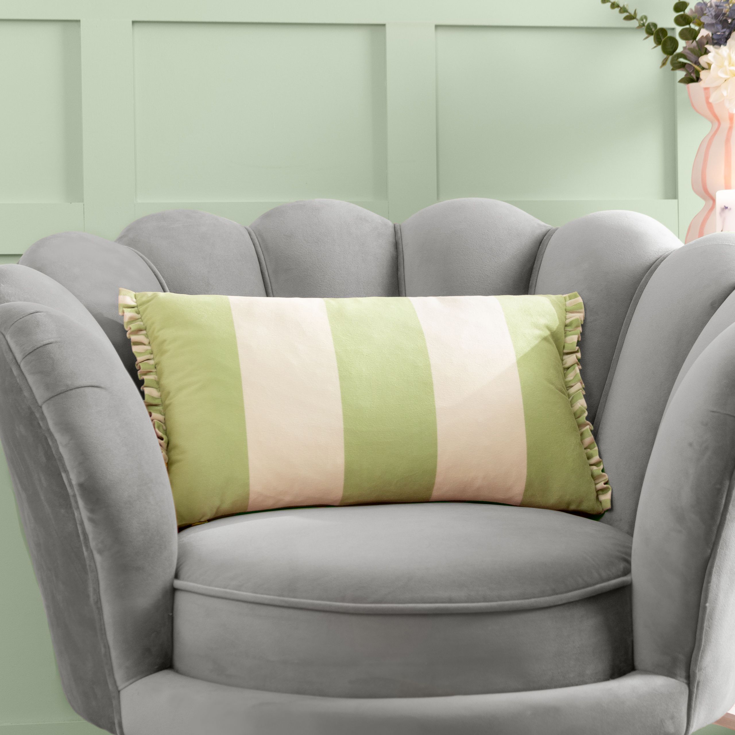 Furn Araya Striped Velvet Cushion in Green