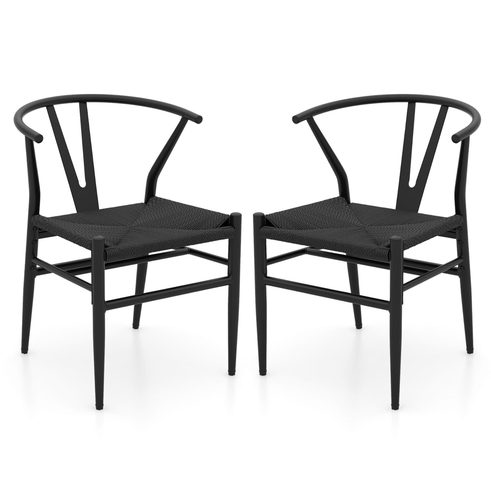 Costway Wishbone Dining Chair Set of 2 Modern Weave Armchairs in Black