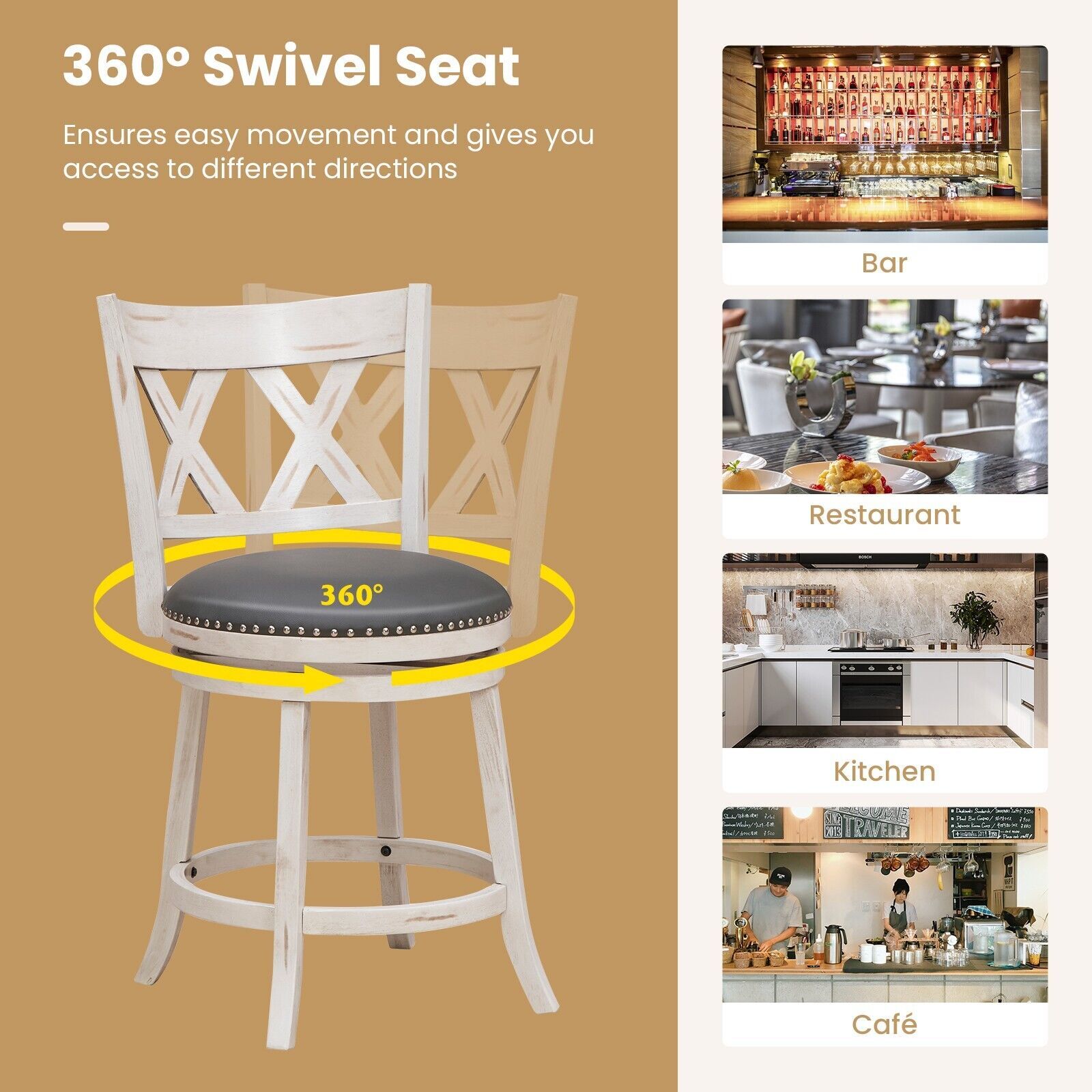 Costway Set of 2 Bar Stools Counter Height Chair Pub 360 Swiveling Upholstered Seat 24" in White 5