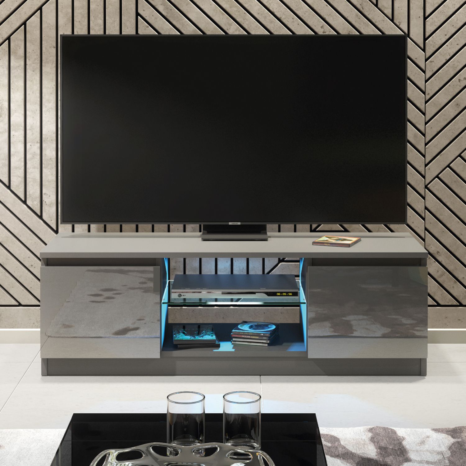 Creative Furniture Aura TV Unit 120cm - A Compact & Contemporary Cabinet with Gloss Doors & LED Lights in Dark Grey