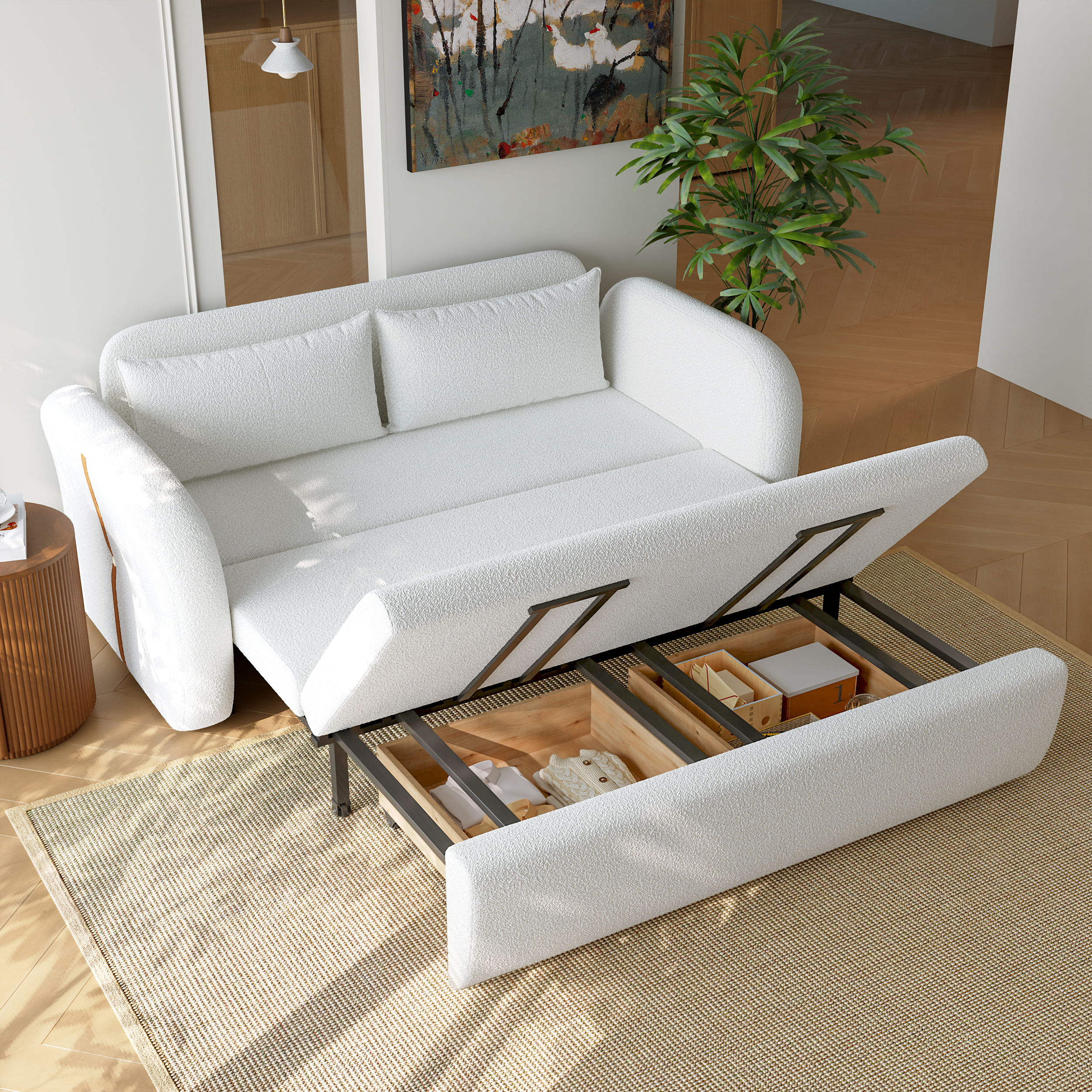 Convertible Bouclé Sofa Bed with Storage Drawers, 175cm, White