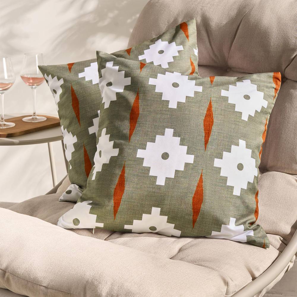 OHS 2 x Geo Print Garden Cushion Covers Outdoor Water Resistant in Olive