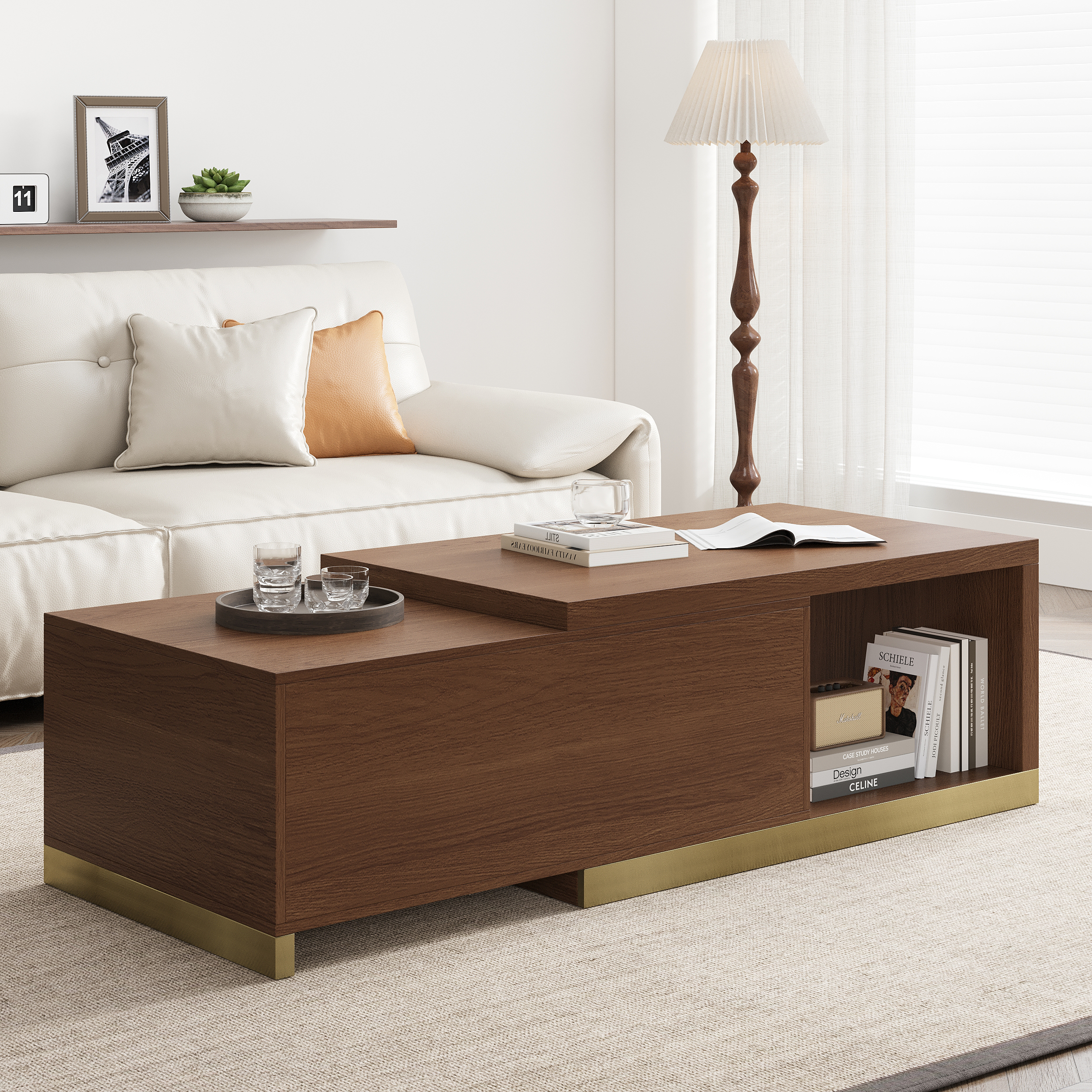Mordelle Extendable Up to 70.8" Rectangle Walnut Coffee Table with 2 Drawers