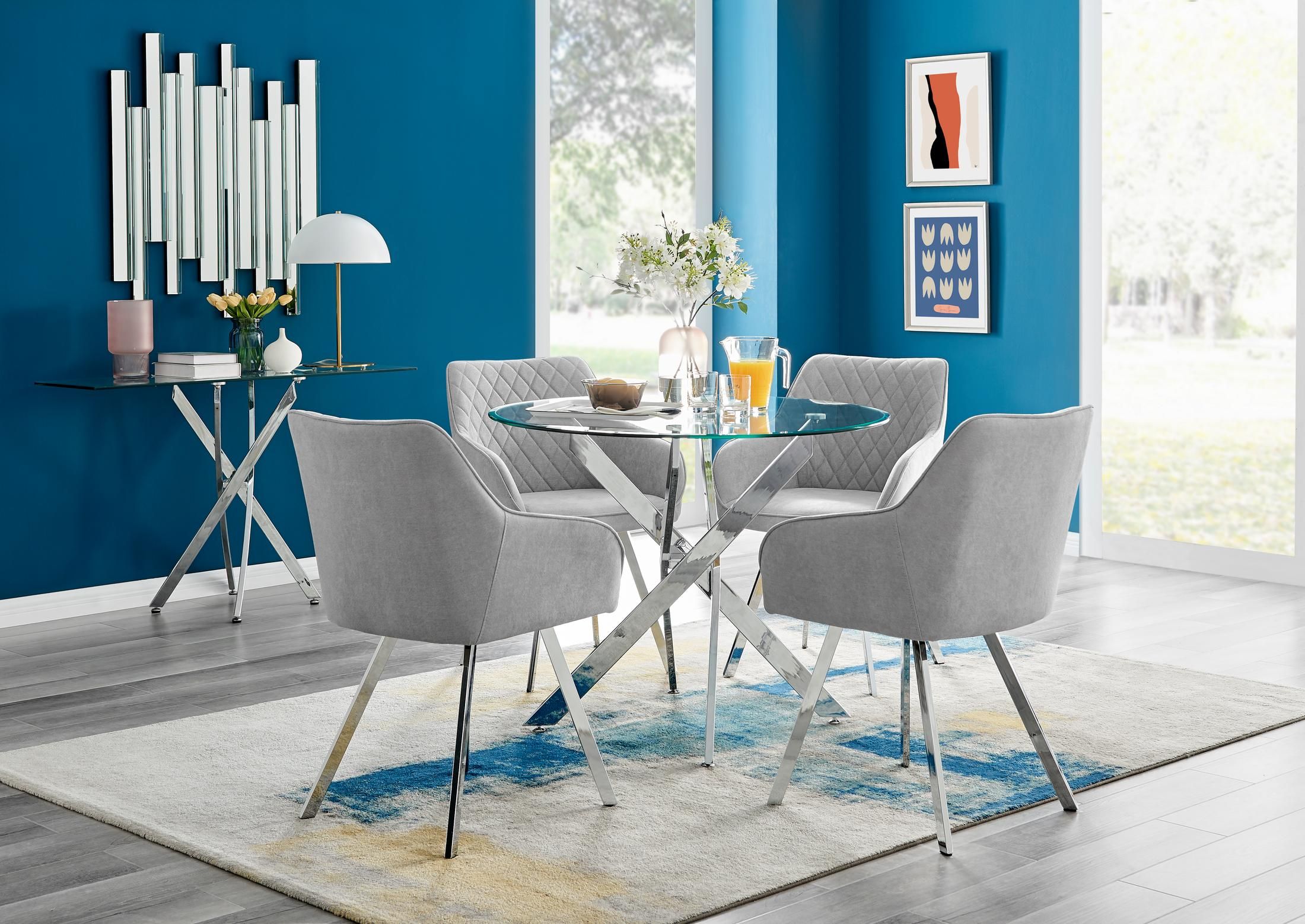 FurnitureboxUK Novara Round Glass Dining Table & 4 Falun Silver Leg Chairs in Light Grey