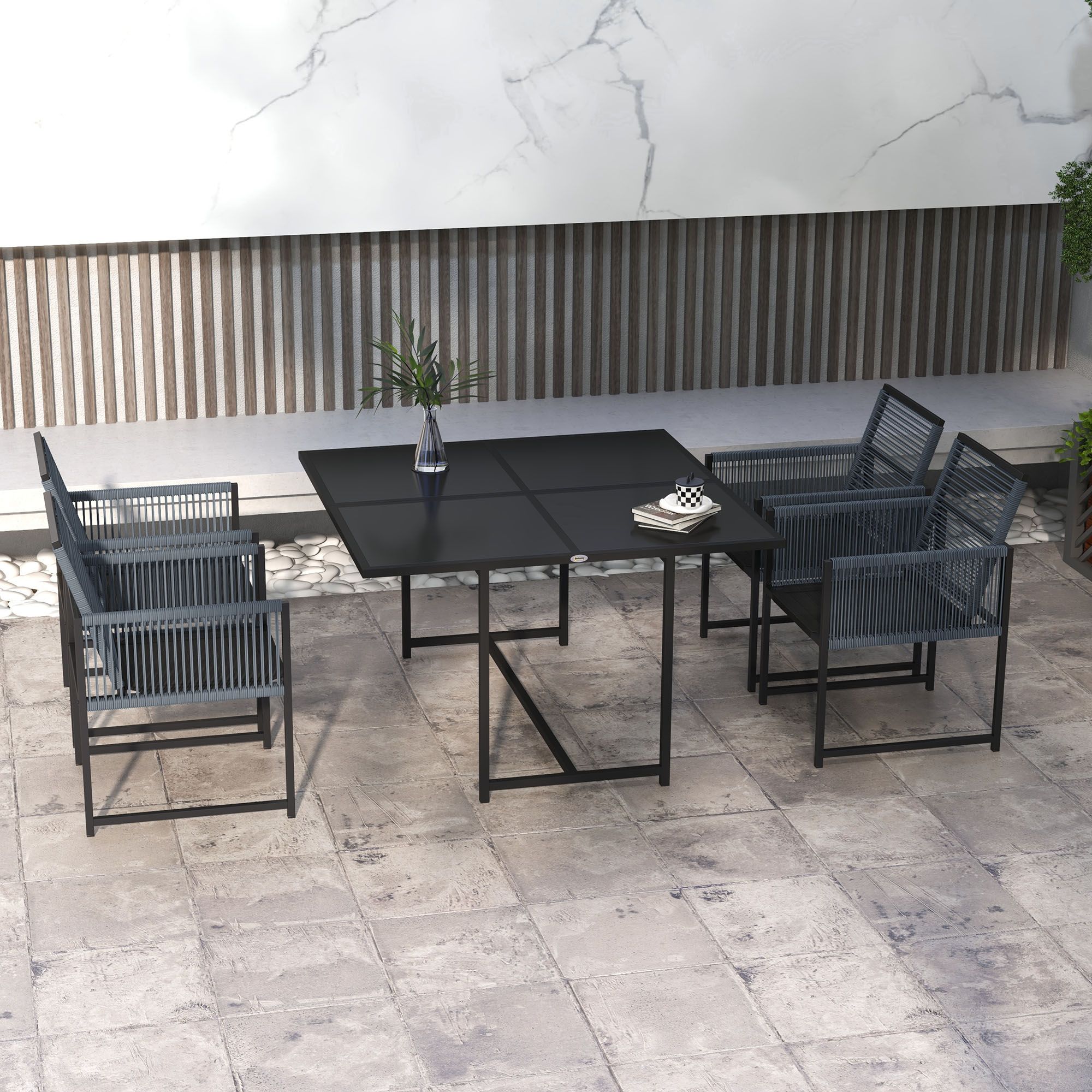 OUTSUNNY 5 Pieces Patio Dining Set Outdoor Table & Chairs Space-Saving Dark Grey