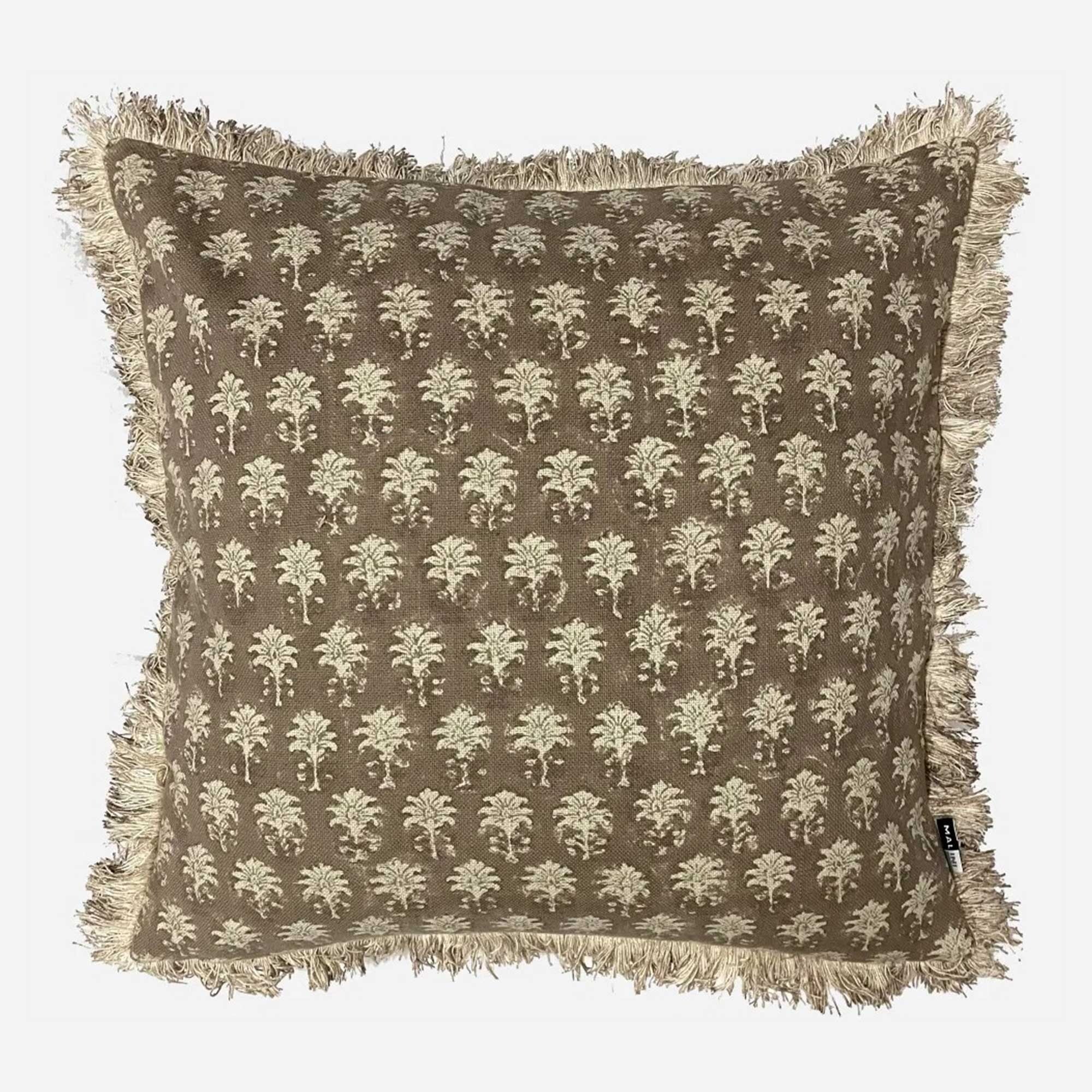 Natural Patterned Fringed Cushion, Square, Neutral Polyester | Barker & Stonehouse