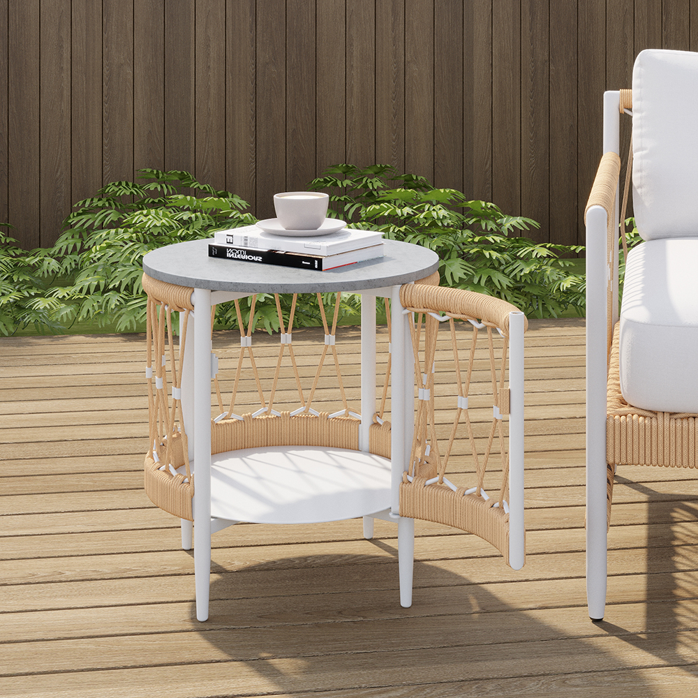 Ropipe 470mm Round Outdoor Side Table with Storage Patio Weave Rope End Table in Khaki