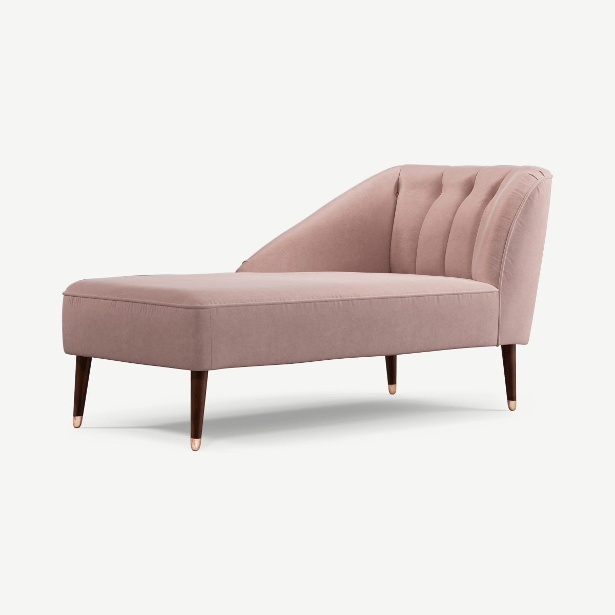 Margot Left Hand Facing Chaise Longue, Pink Cotton Velvet with Dark Wood Copper Legs
