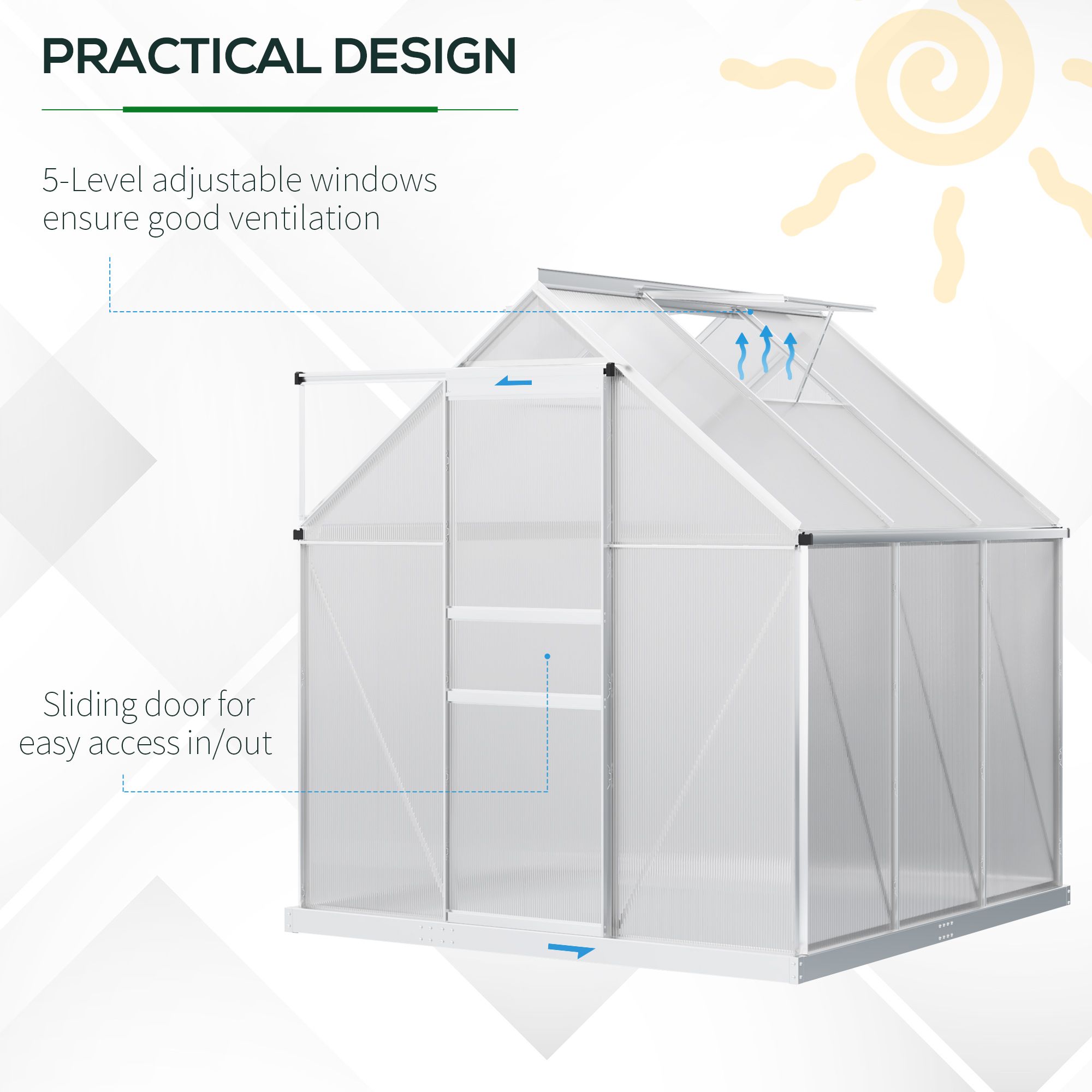 OUTSUNNY Polycarbonate Walk-in Garden Greenhouse w/ Sliding Door Silver Tone 5