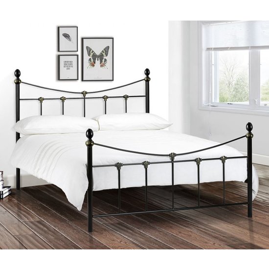 Rebecca Metal King Size Bed In Satin Black And Antique Gold