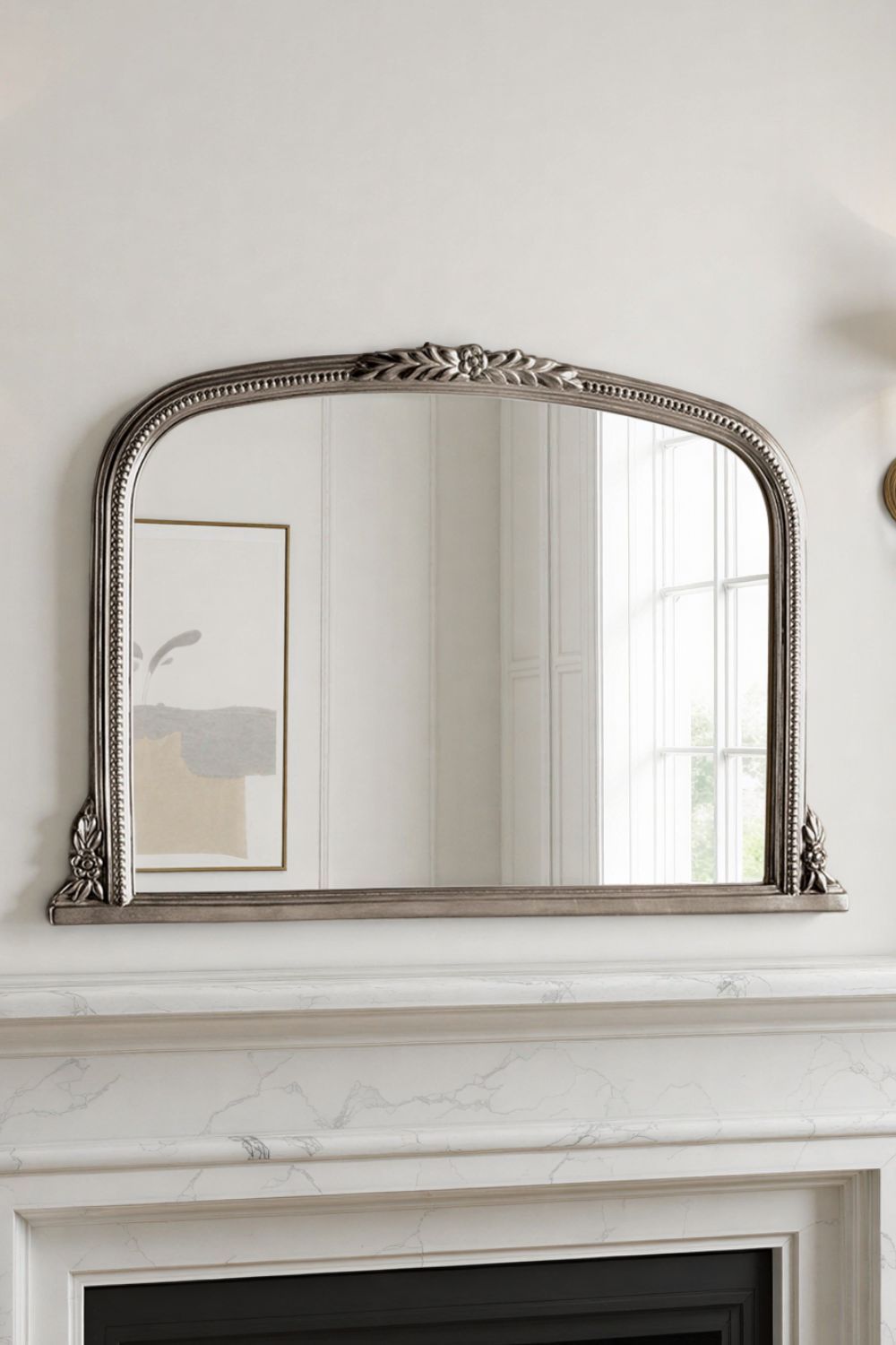 Yearn Mirrors Beaded Overmantle Mirror Silver Bevelled 101(w)x66cm(h)