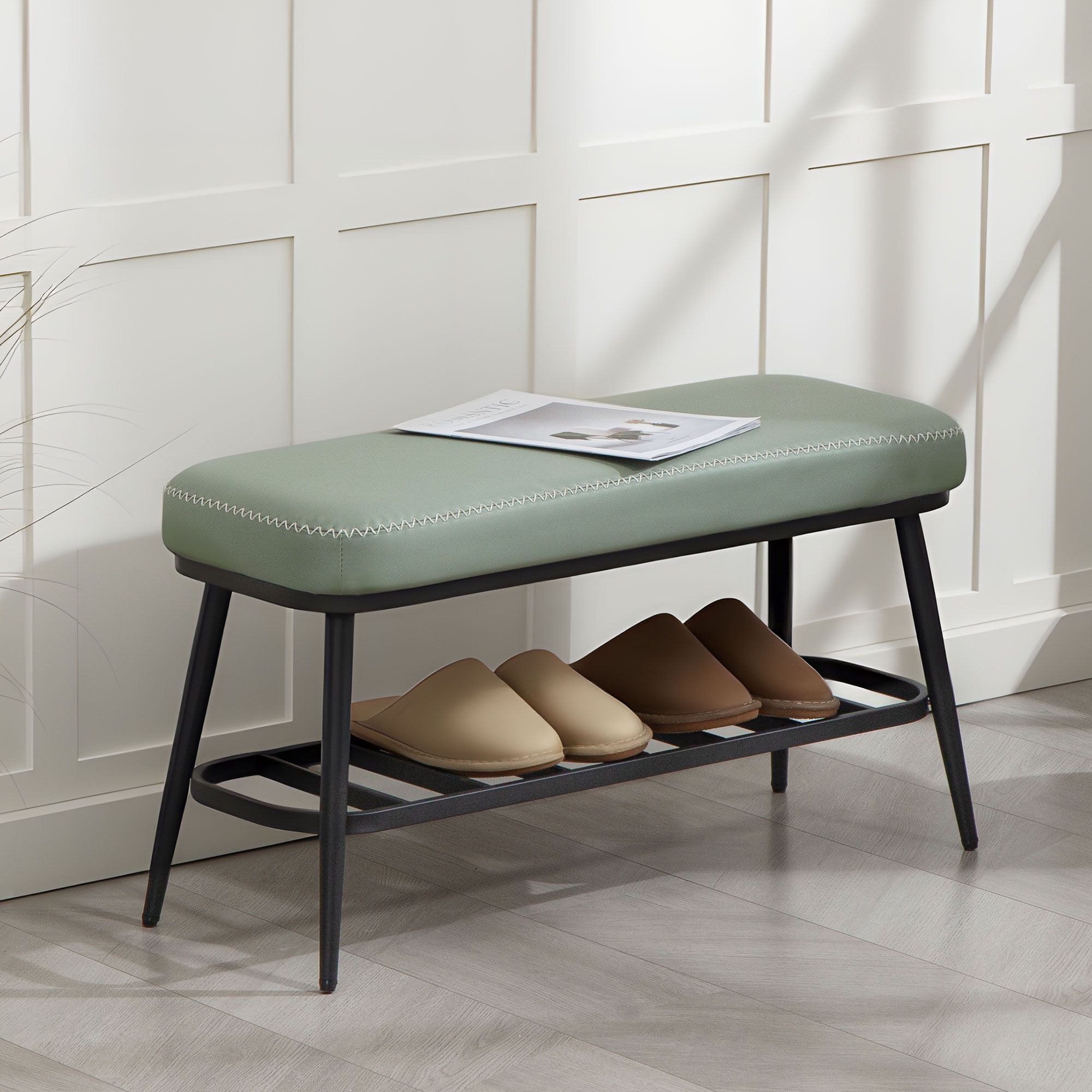 HOMCOM Shoe Bench, PU Leather Shoe Storage Bench for Entryway in Green