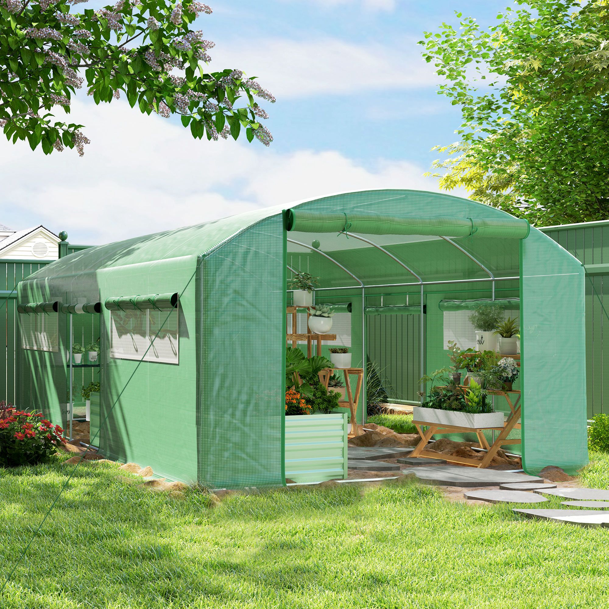 OUTSUNNY Polytunnel Greenhouse with 3 Roll-up Doors, 6 x 3 x 2m, Green