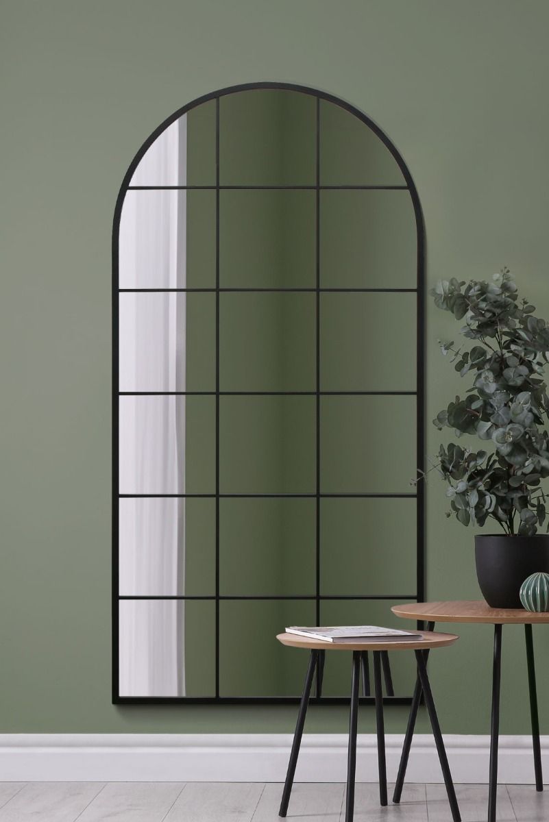 MirrorOutlet Black Metal Framed Arched Window Wall Mirror 71" X 35" (180 X 90CM)