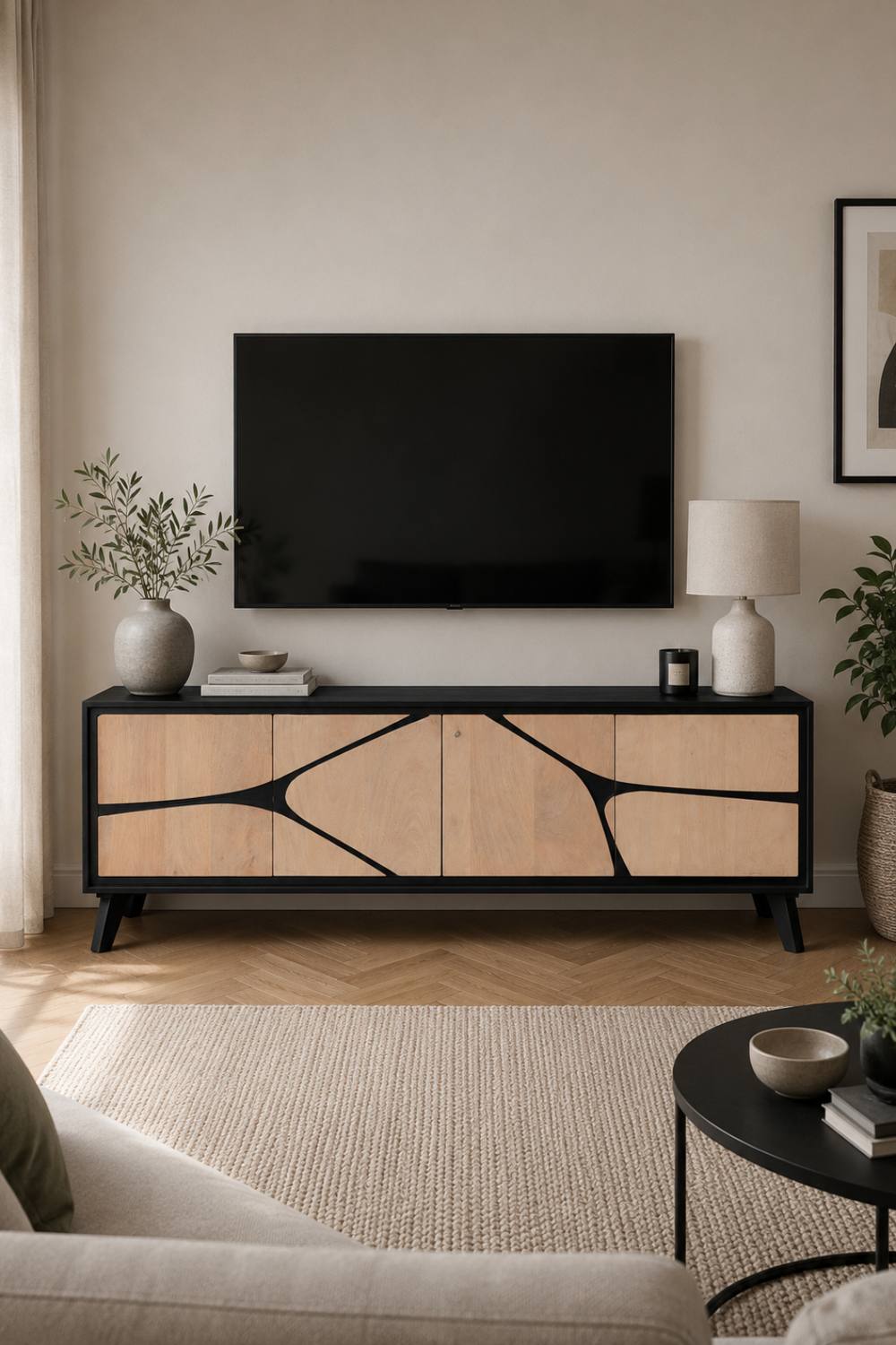 IH Design Shildon Mango Wood Low Board TV Stand Sideboard Cabinet in Tan