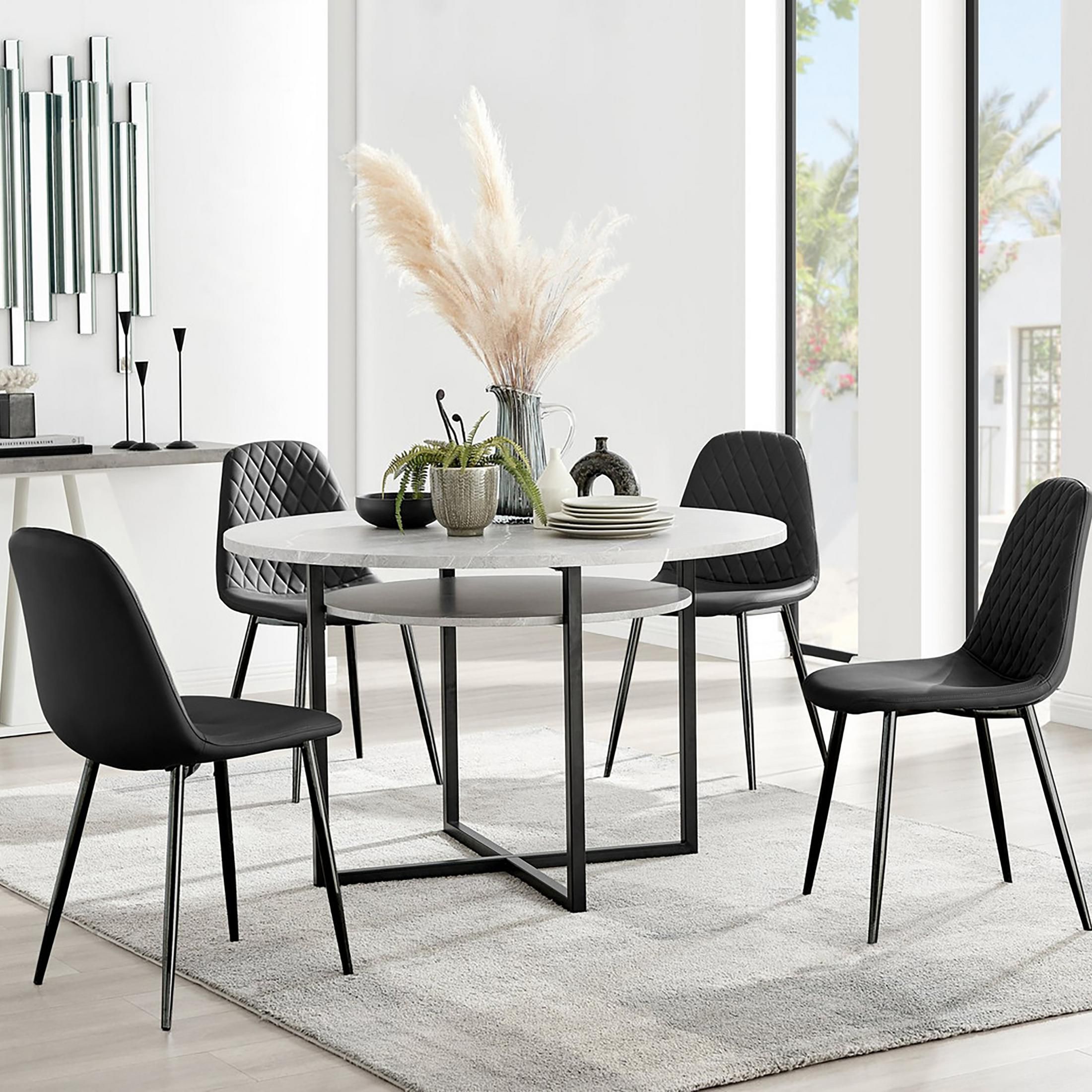 FurnitureboxUK Adley Grey Concrete Effect & Black Round Dining Table with Shelf & 4 Faux Leather Corona Dining Chairs