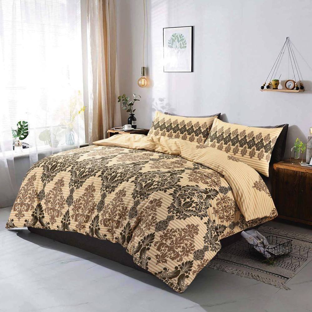 Homes-Linen Tanya Floral Printed Reversible Stripe Duvet Cover Set in Natural