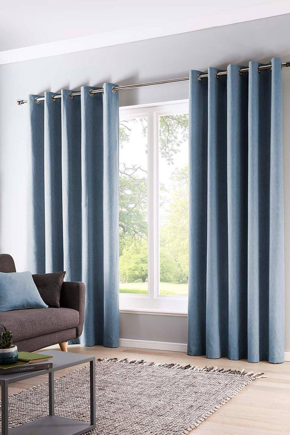 Fusion 'Sorbonne' 100% Cotton Light Filtering Plain Dyed Eyelet Curtains in Light Blue