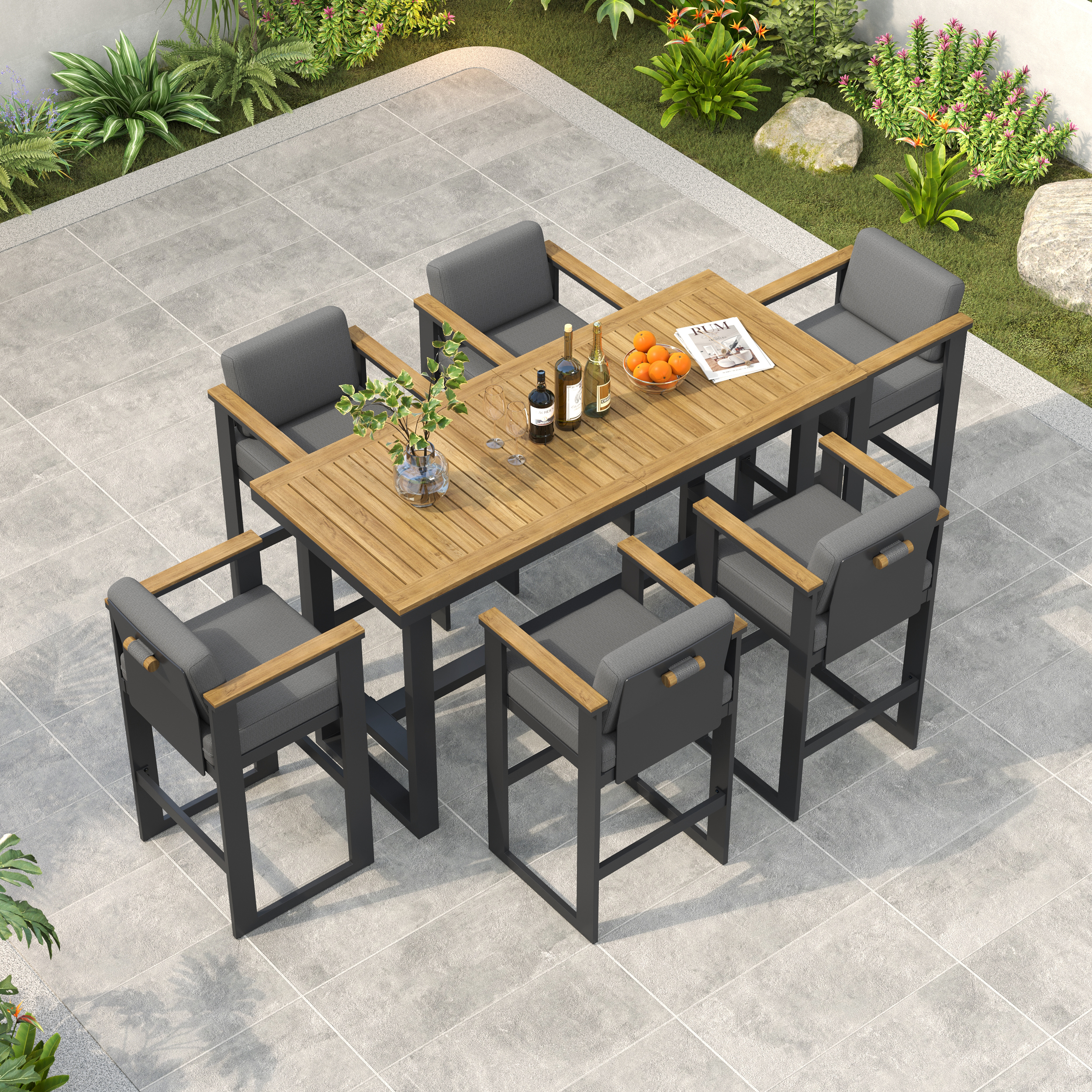 Tevara 7-Piece Teak Wood Garden Bar Table Set with 6 Bar Stools