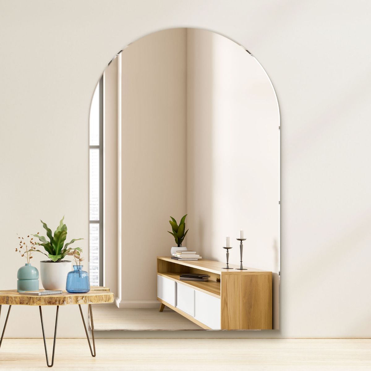 MirrorOutlet Frameless Arched Leaner / Wall Mirror 74" X 47" (190CM X 120CM) in Silver 3