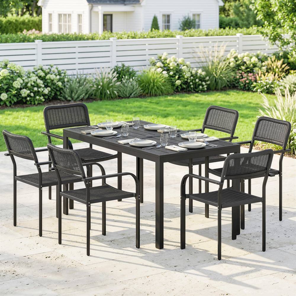 OUTSUNNY Garden Dining Set with Umbrella Hole for 6 People, Black