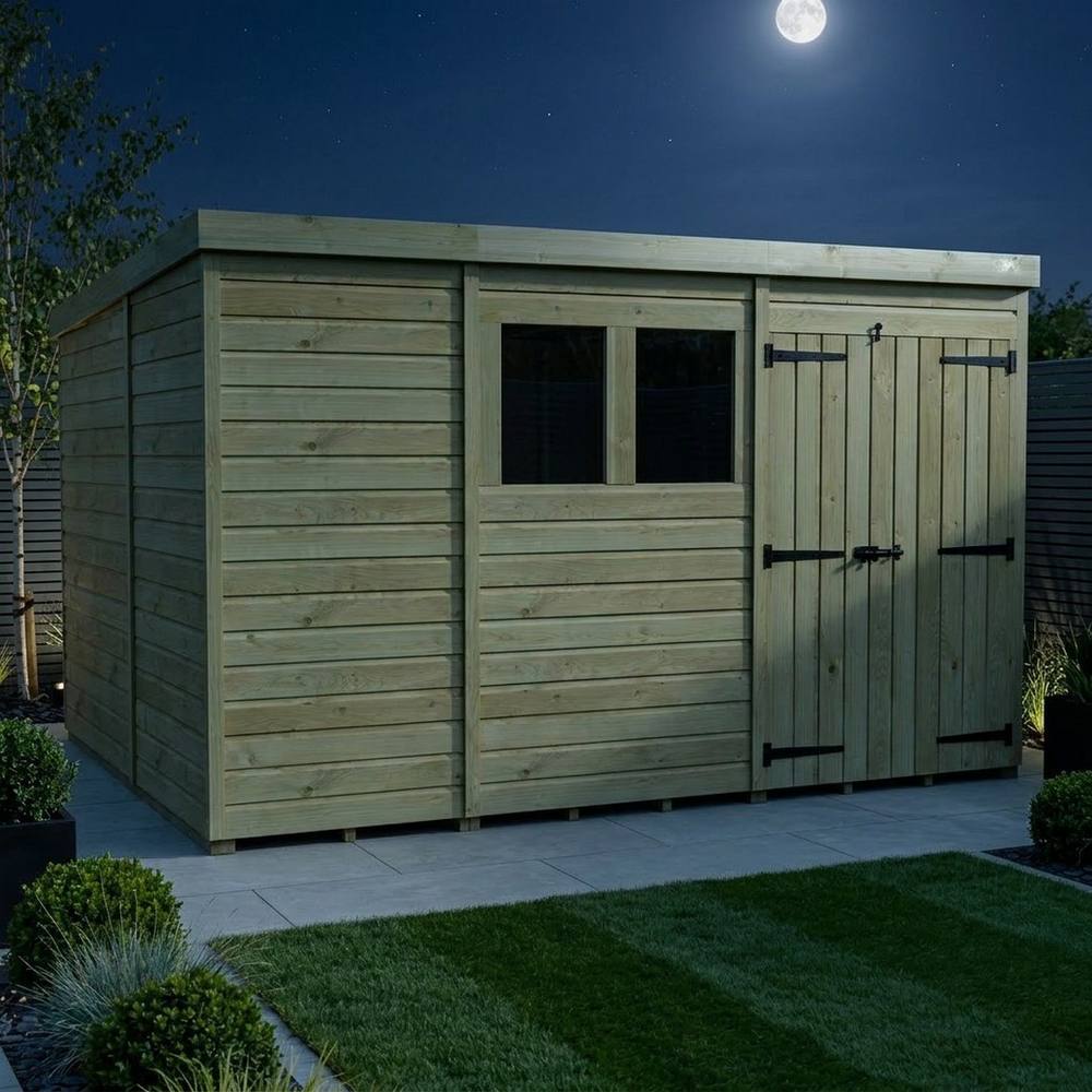 Buttercup Farm 11ft x 10ft Pent Garden Shed Double Door With Windows - Timber in Brown 3