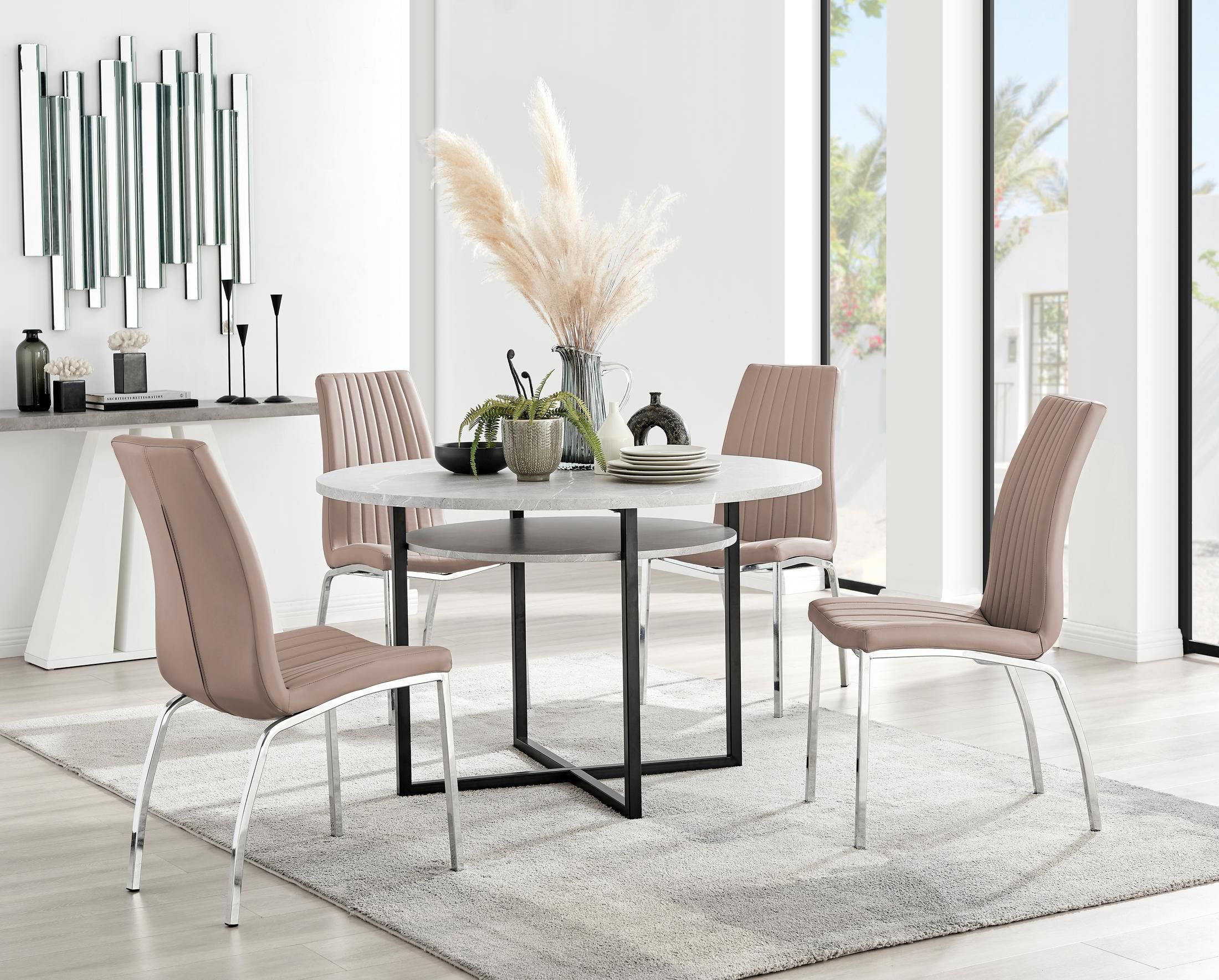 FurnitureboxUK Adley Grey Concrete Effect Round Dining Table & 4 Isco Faux Leather Chairs in Beige