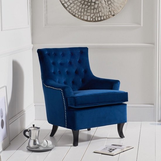 Barrow Modern Accent Chair In Blue Velvet With Black Legs
