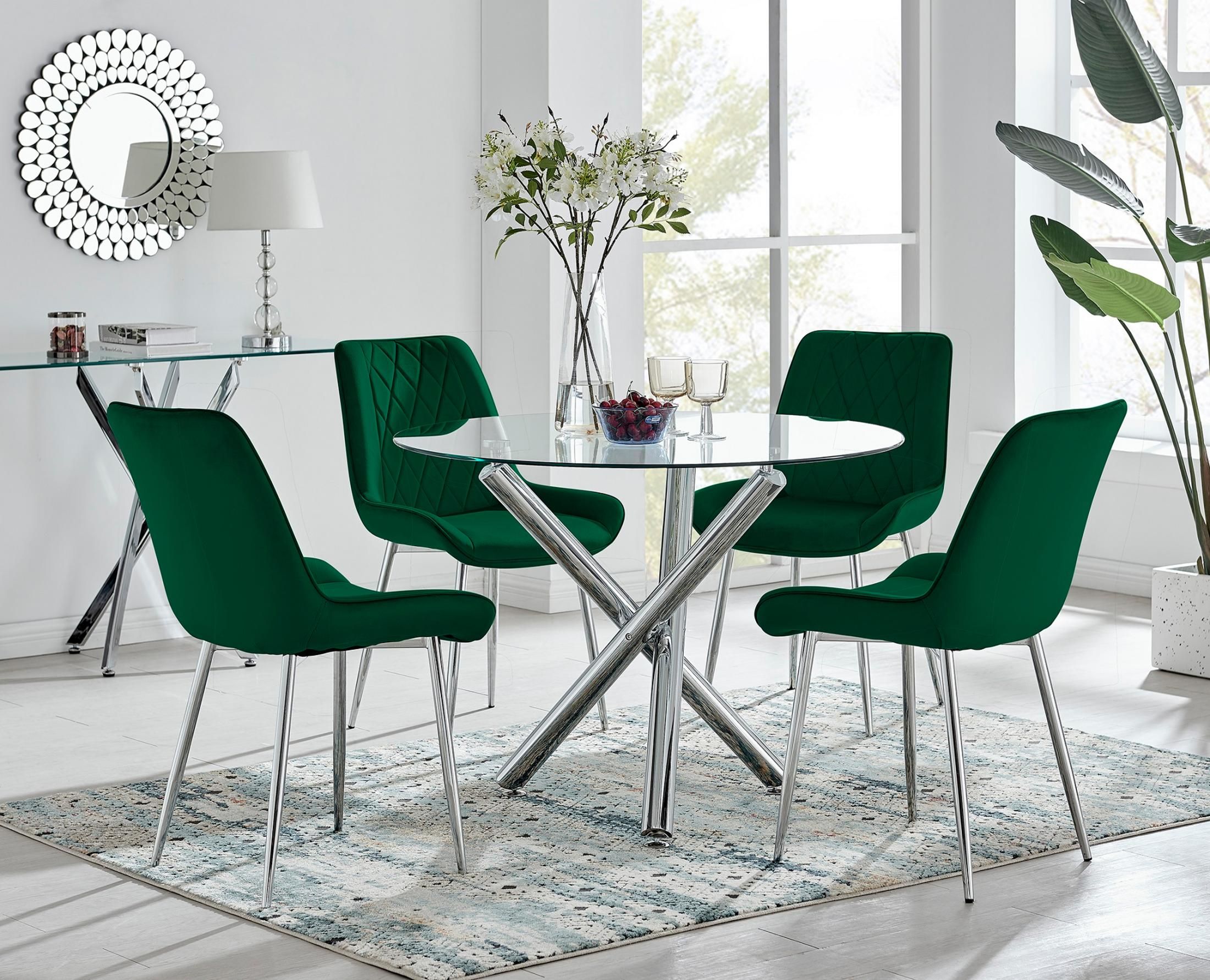 FurnitureboxUK Selina Round Glass Chrome Leg Dining Table & Pesaro Silver Leg Chairs in Green