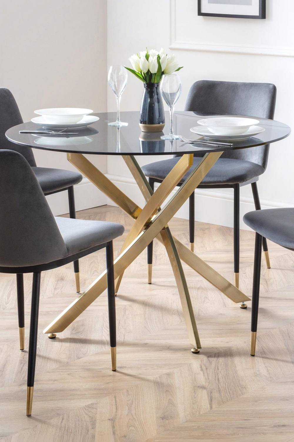 Julian Bowen Montero Round Glass Top 4 Seater Dining Table in Gold