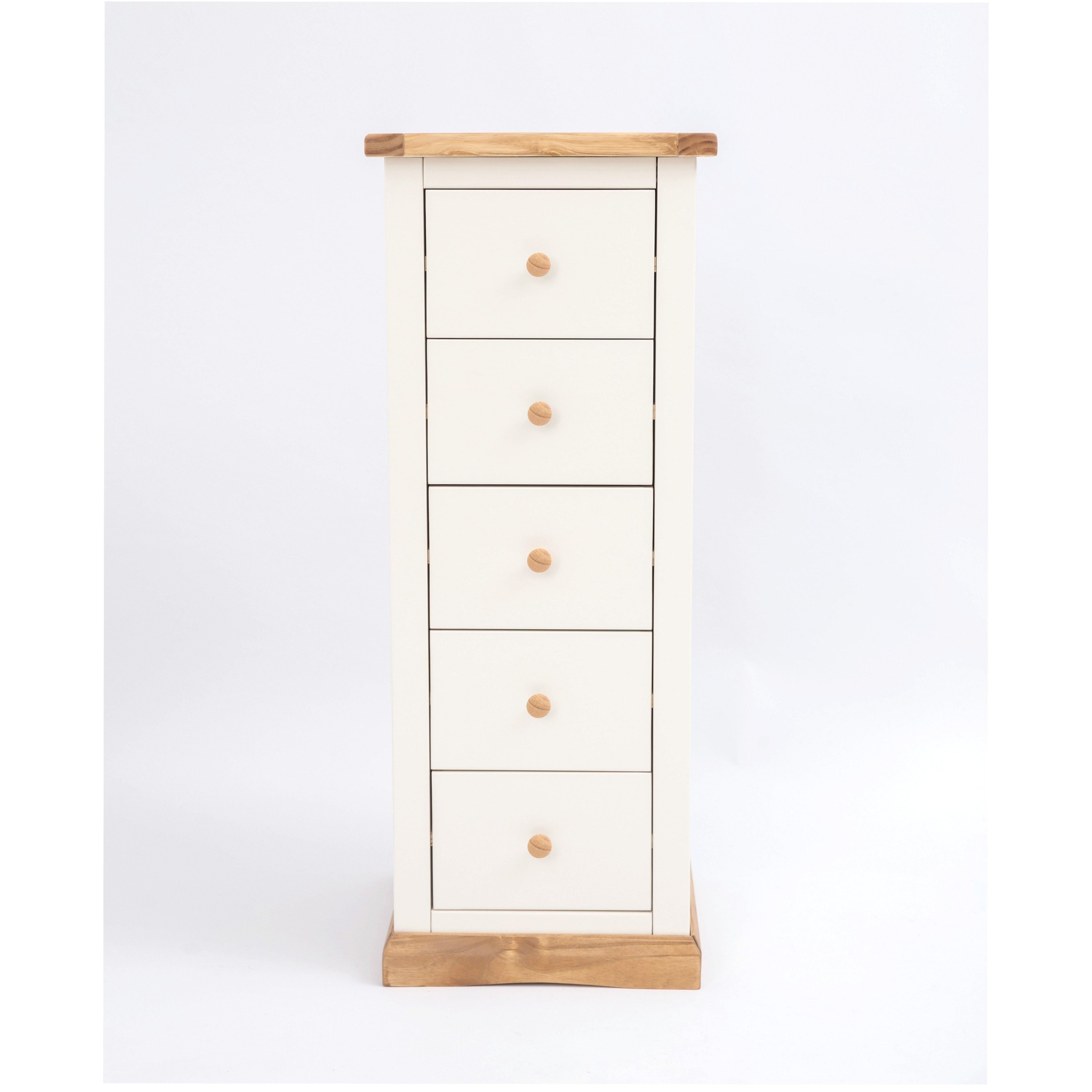 Cabinet Bits Trevi 5 Drawer Narrow Chest of Drawers Wood Knob in Off-White