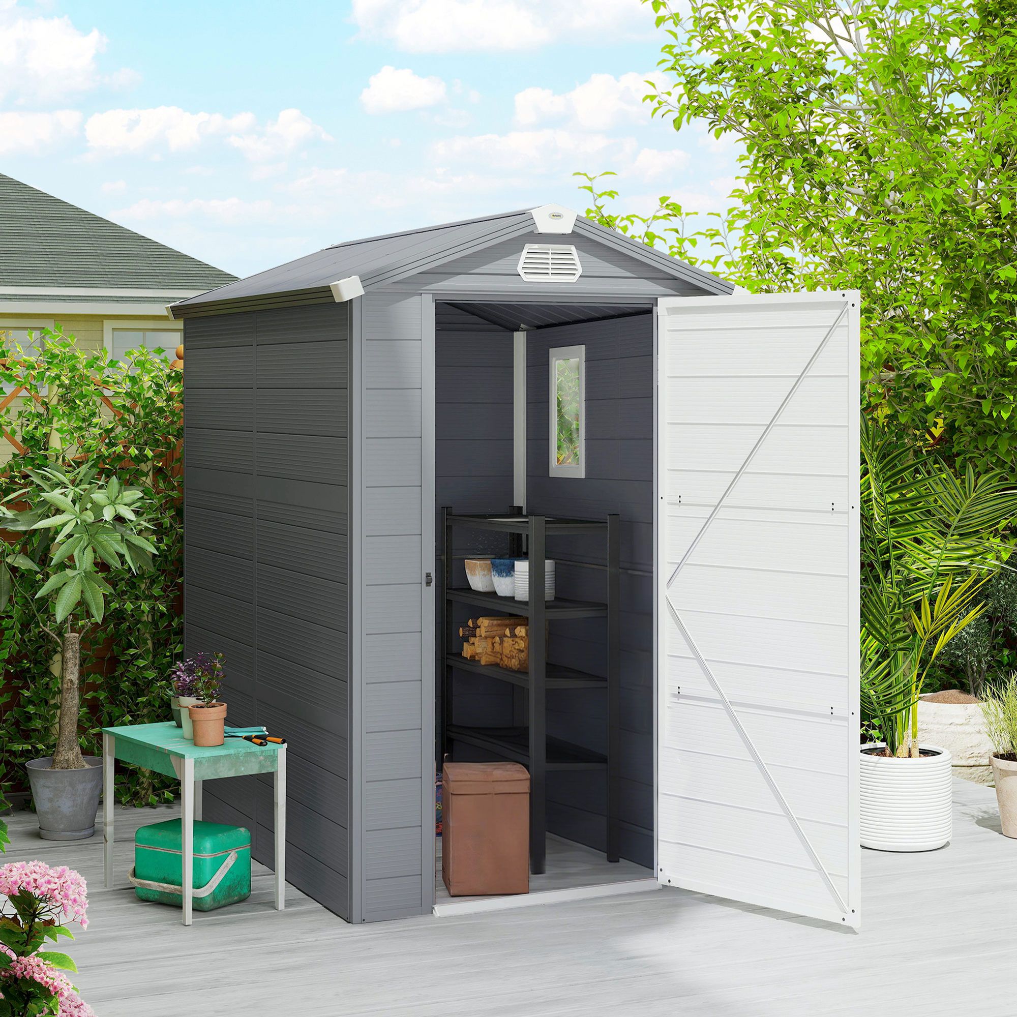 OUTSUNNY 4 x 3ft Garden Shed Storage with Foundation Kit & Vents in Grey