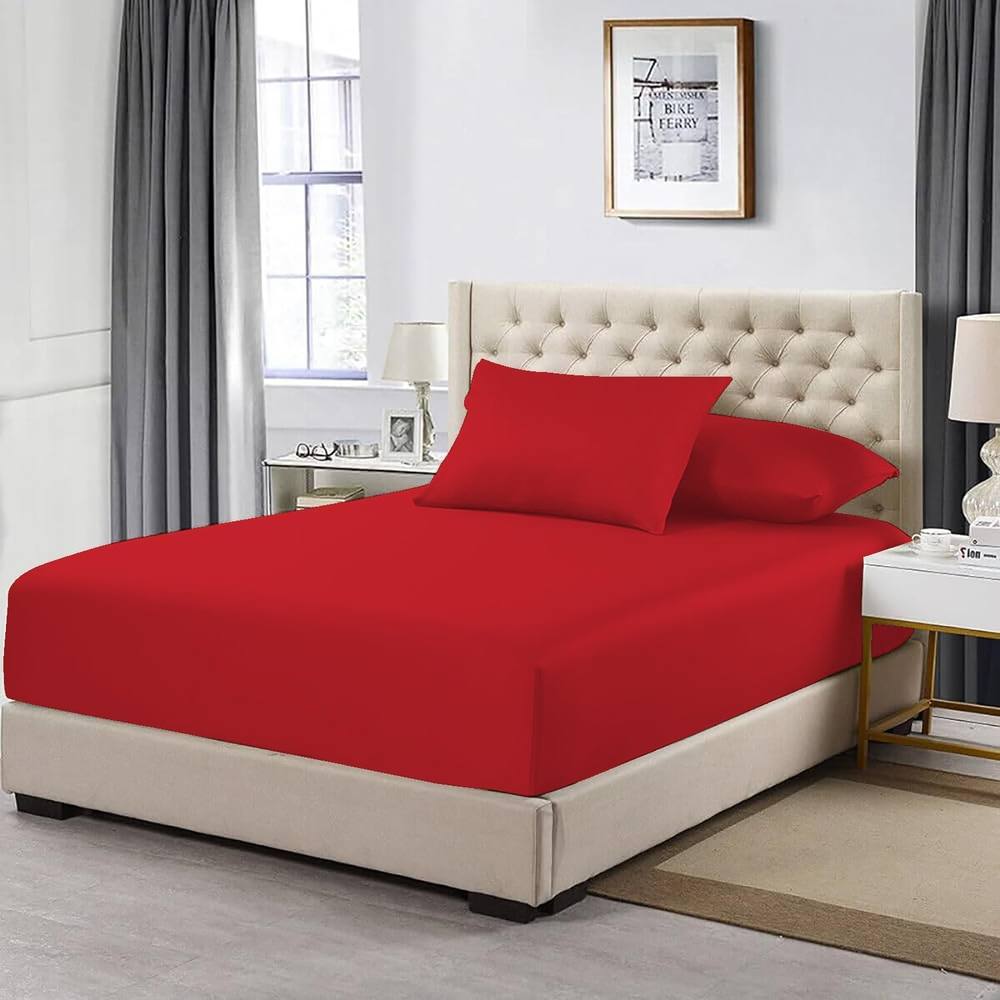 Homes-Linen 100% Egyptian Cotton 200TC Fitted Sheet 30cm Deep Pocket in Red