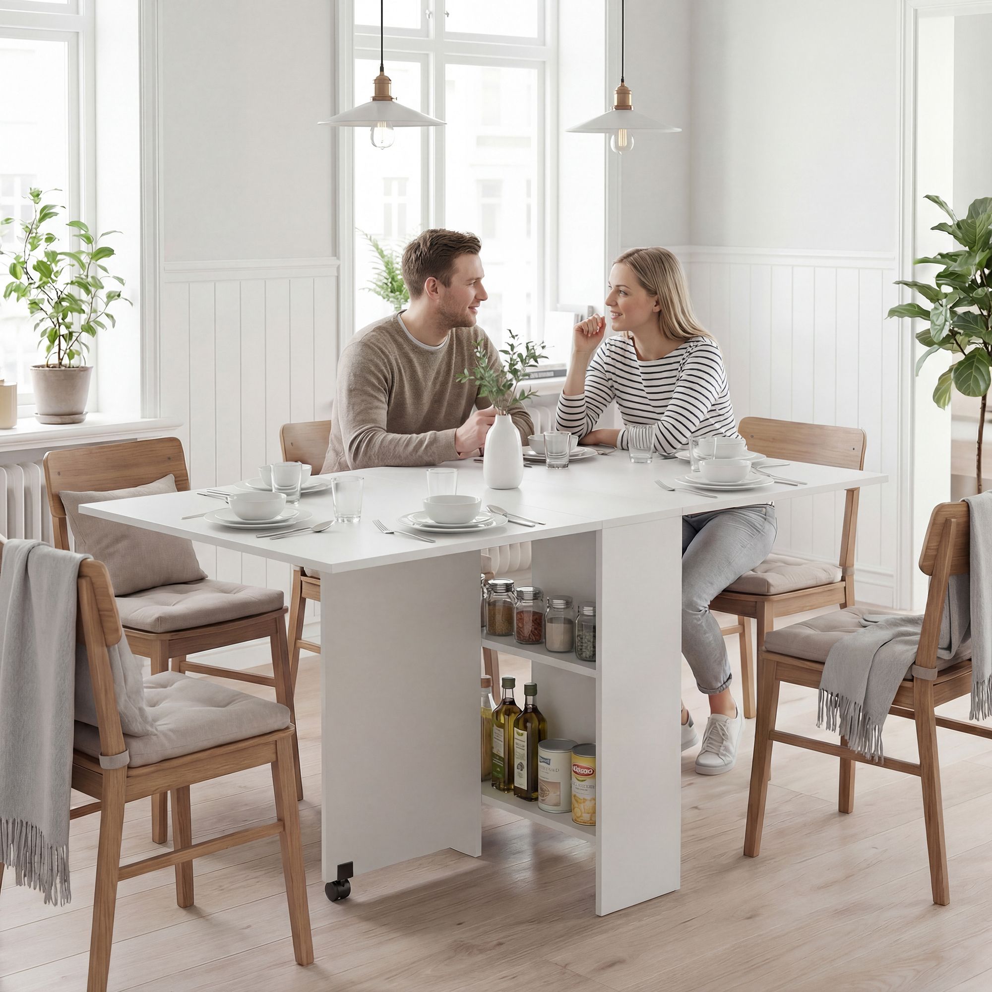HOMCOM 80-140 cm Folding Dining Table for 4-6 Drop Leaf Table in White