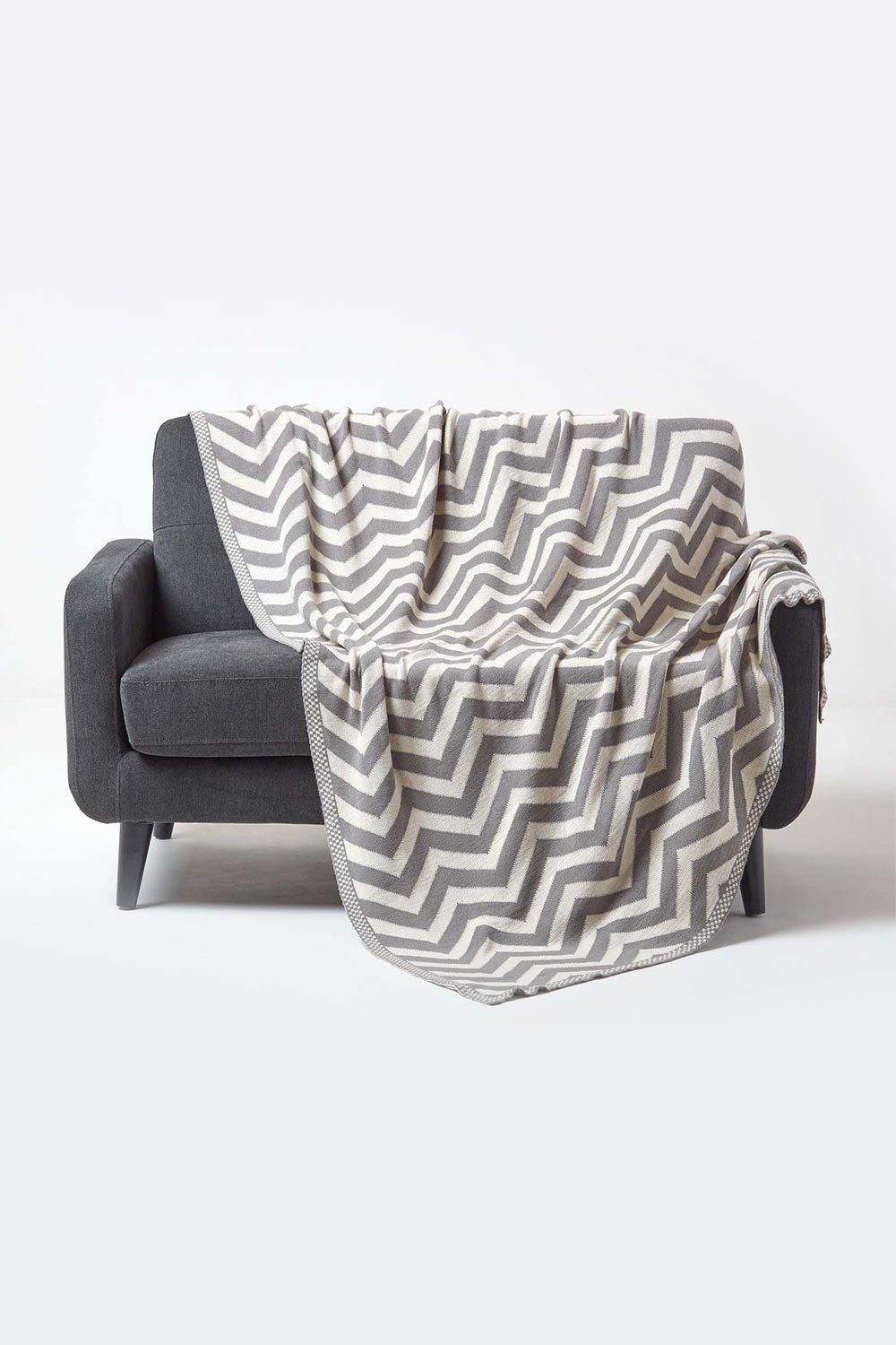 Homescapes Cotton Knitted Geometric Throw in Grey